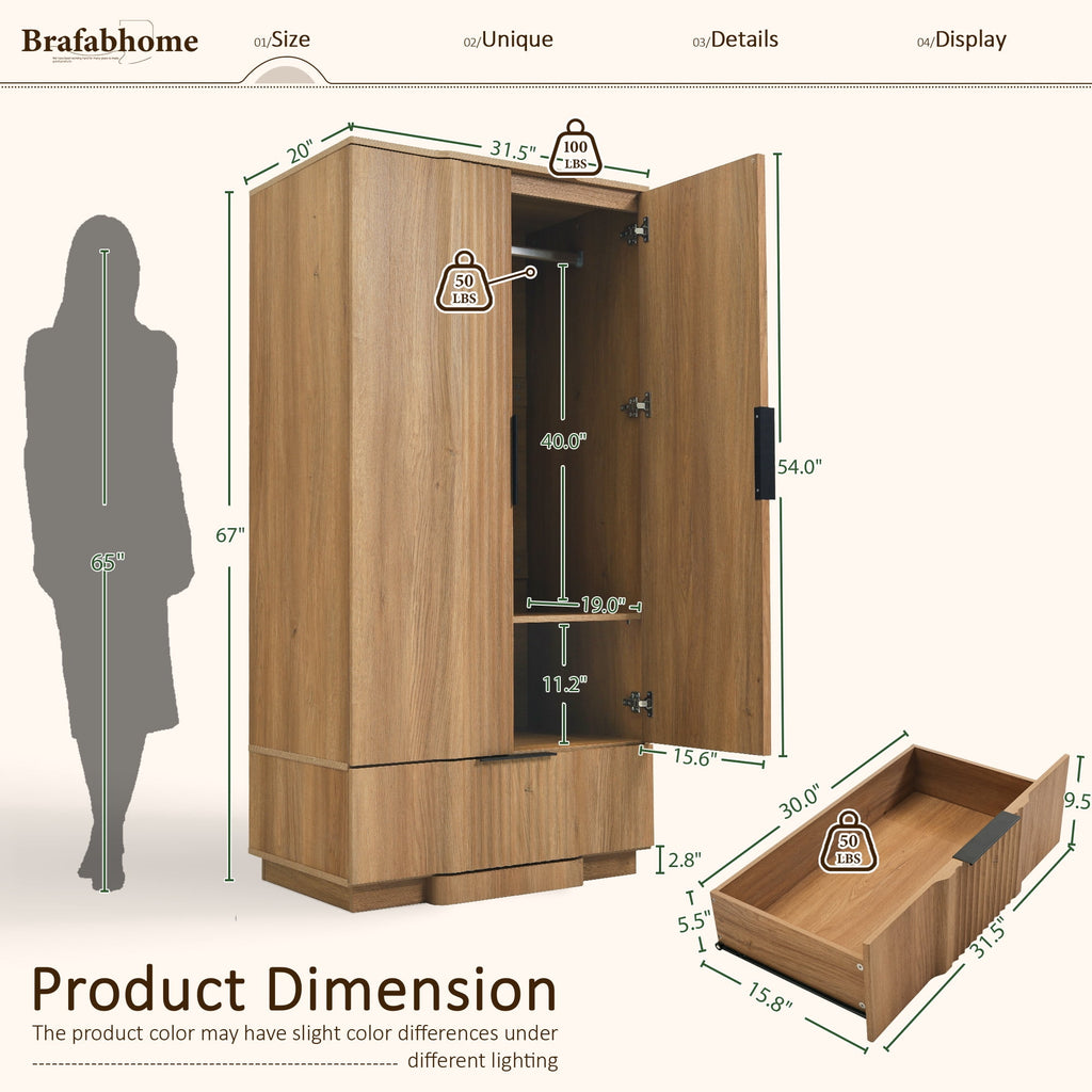 Brafabhome 67H Fluted Armoire Wardrobe Closet with Drawer, Wooden 2 Doors Wardrobe Cabinet with Hanging Rod & Adjustable Shelf for Bedroom | Nature
