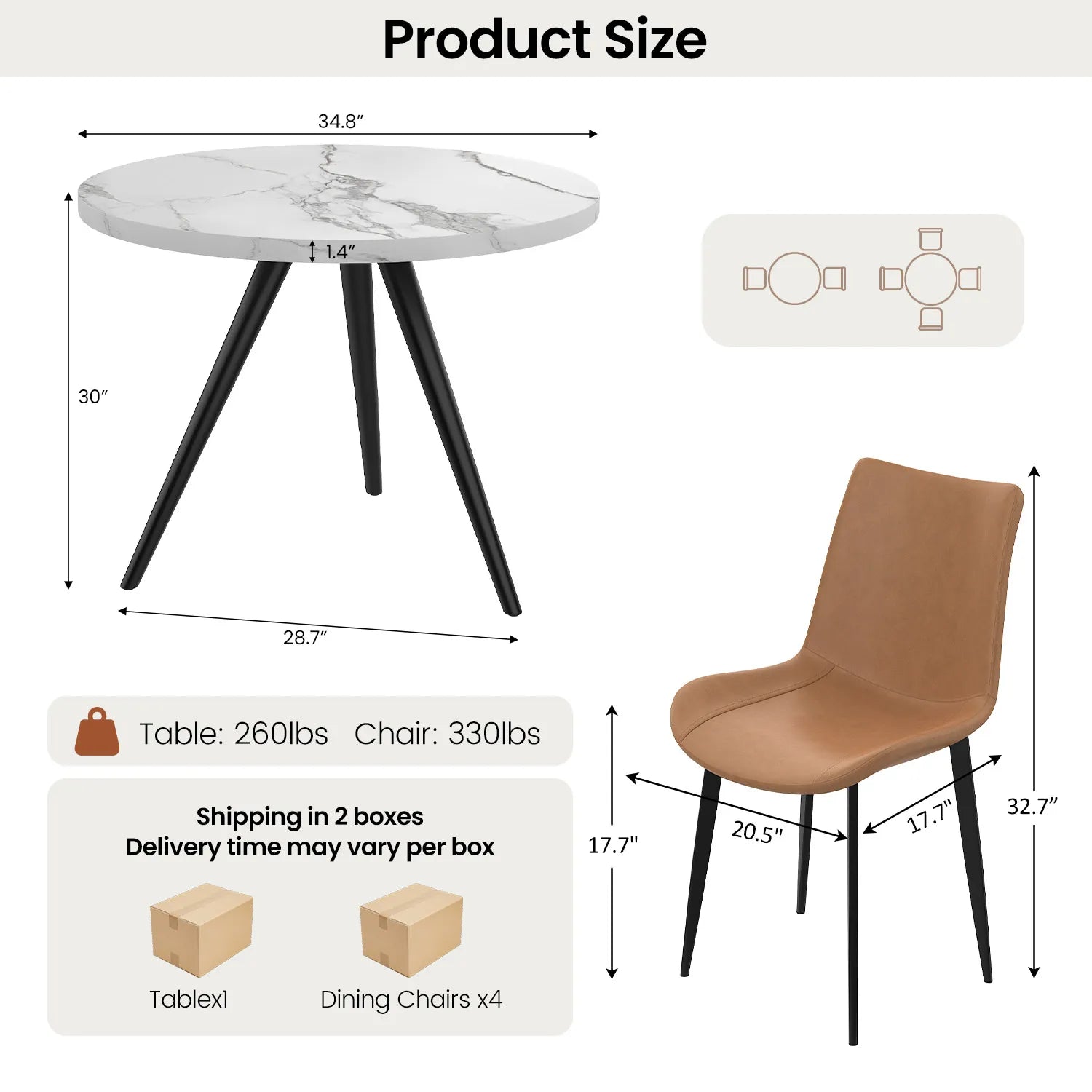 34.8 Round Dining Table Set for 4,5 Piece Mid-Century Modern Dining Set with 4 Upholstered Dining Chairs,Leisure Coffee Table for Kitchen Dining Room, Save Space