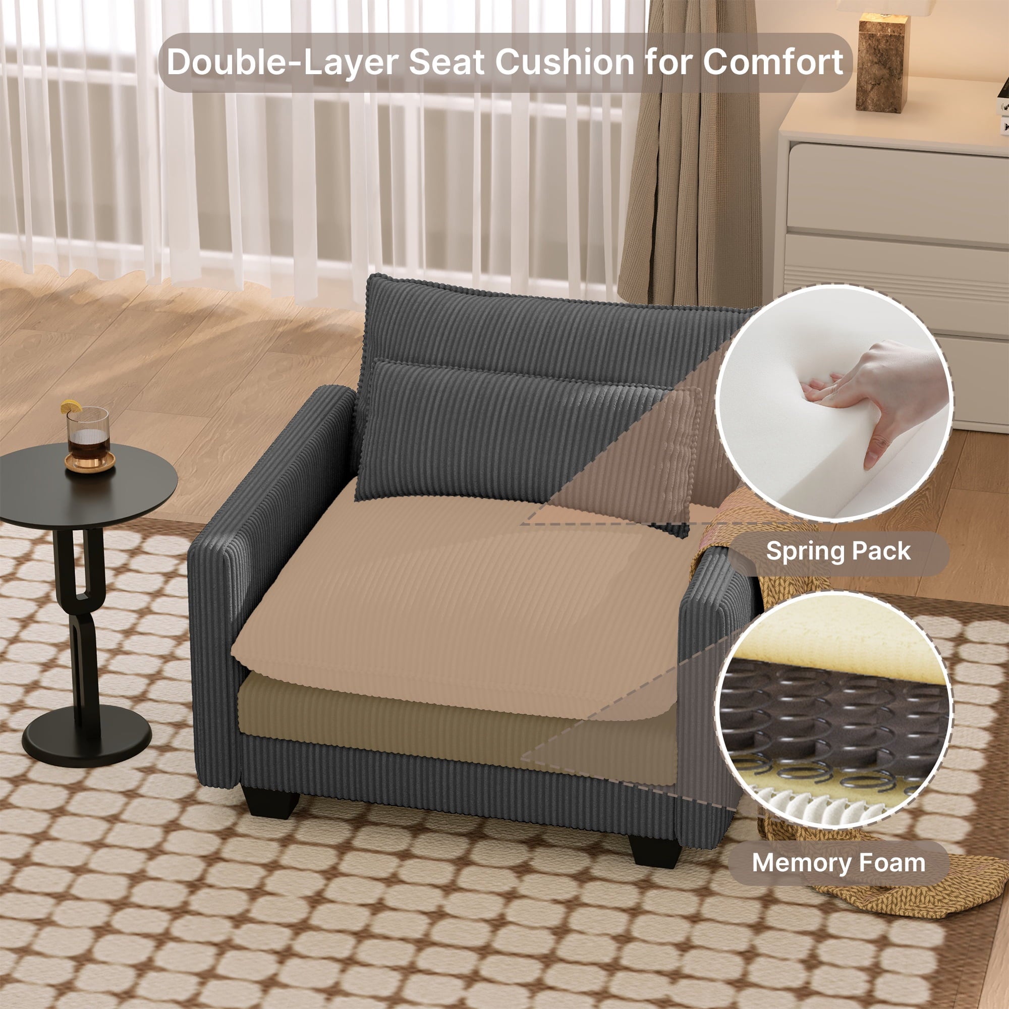 Asofer 31 Cloud Accent Sofa With Washable Cover, Single Corduroy Chair with Deep Seat Upholstered Cushion for Apartment,Dark gray