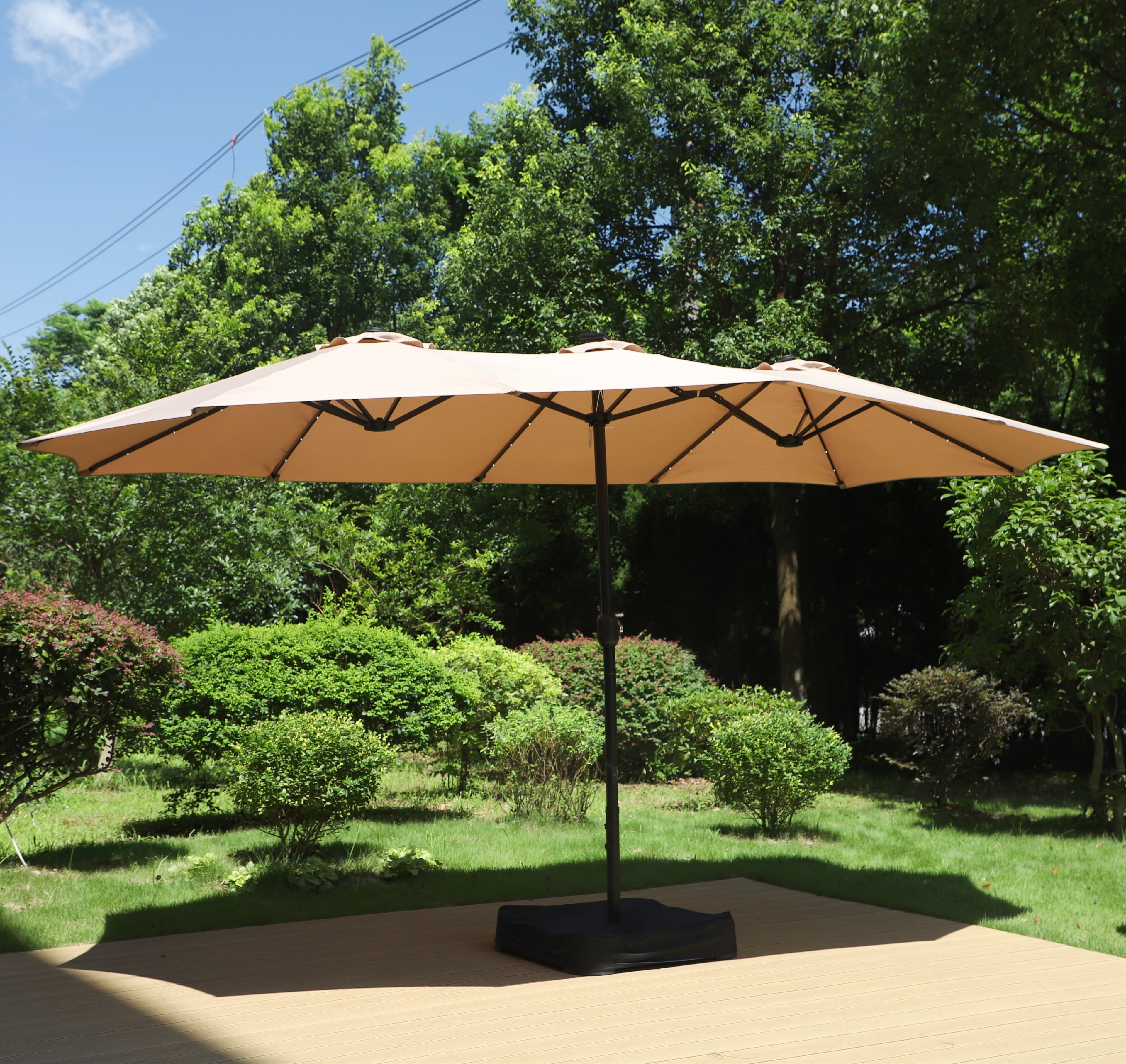 SUMMIT LIVING 15ft Double-Sided Solar Patio Umbrella with Base (Included) Large Outdoor Umbrella with Solar Lights - Beige