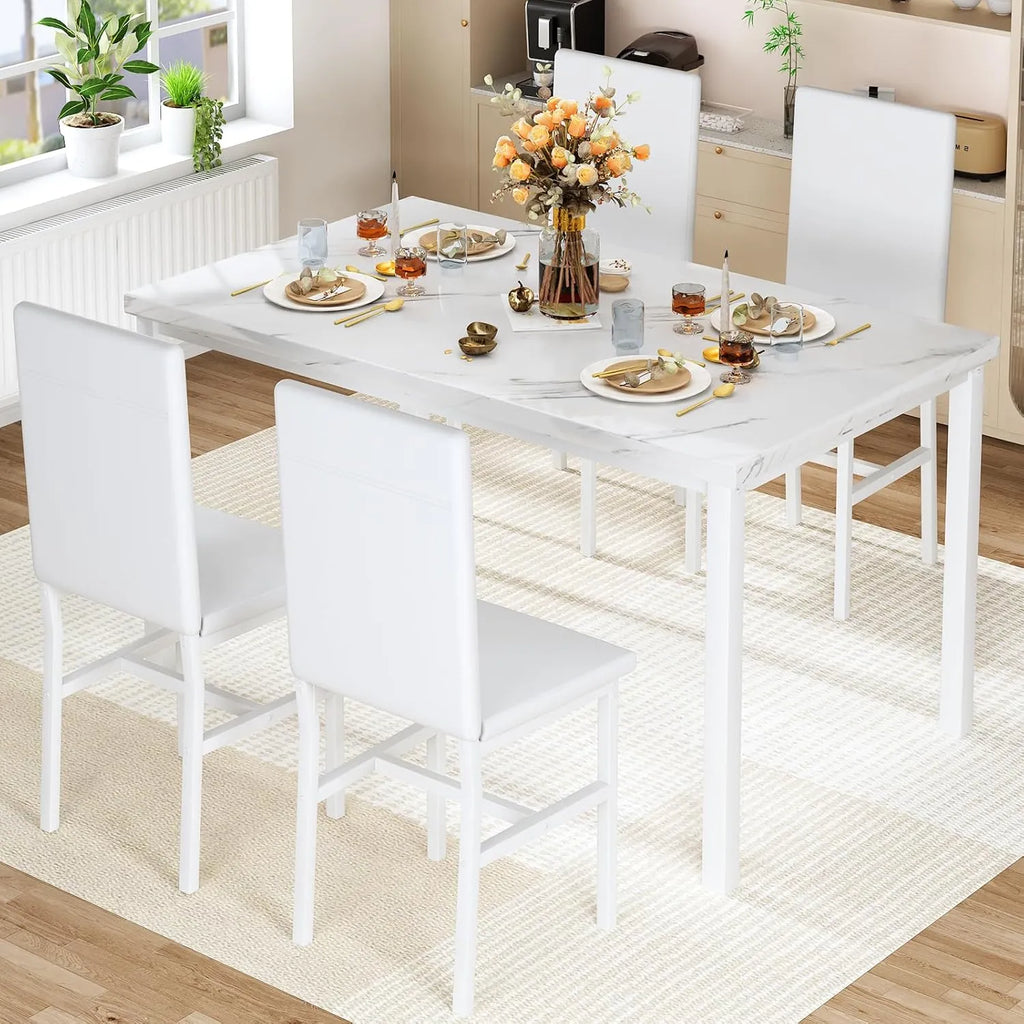 MOOSENG Dining Table Set for 4, Faux Marble Kitchen Table and Chairs Set of 4, 5-Piece Dining Room Set with PU Leather Upholstered Chairs for Small Space, Gray