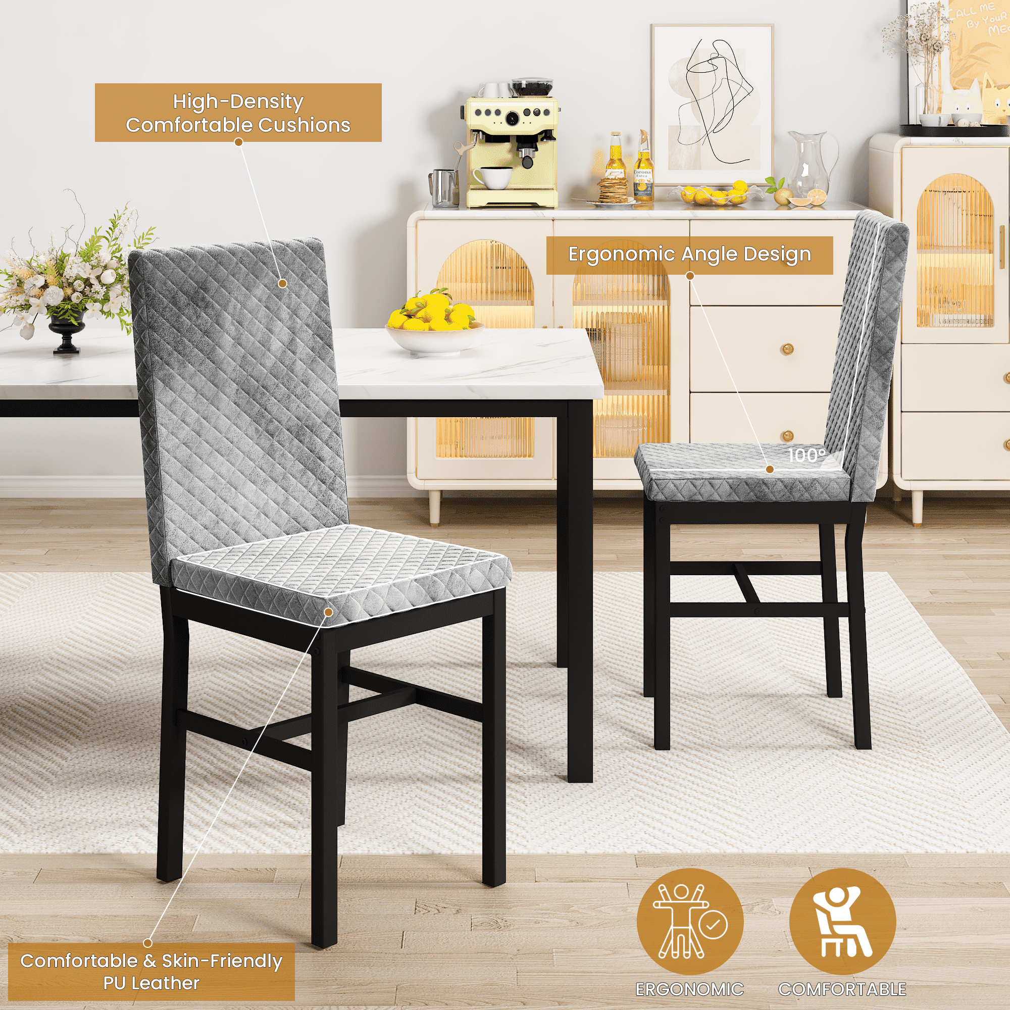 Baxluxe Dining Table Set for 4, Modern 5 Piece Dining Table Set, Faux Marble Kitchen Table and 4 Velvet Upholstered Chairs for Apartments, Dining Rooms, Small Spaces, Gray