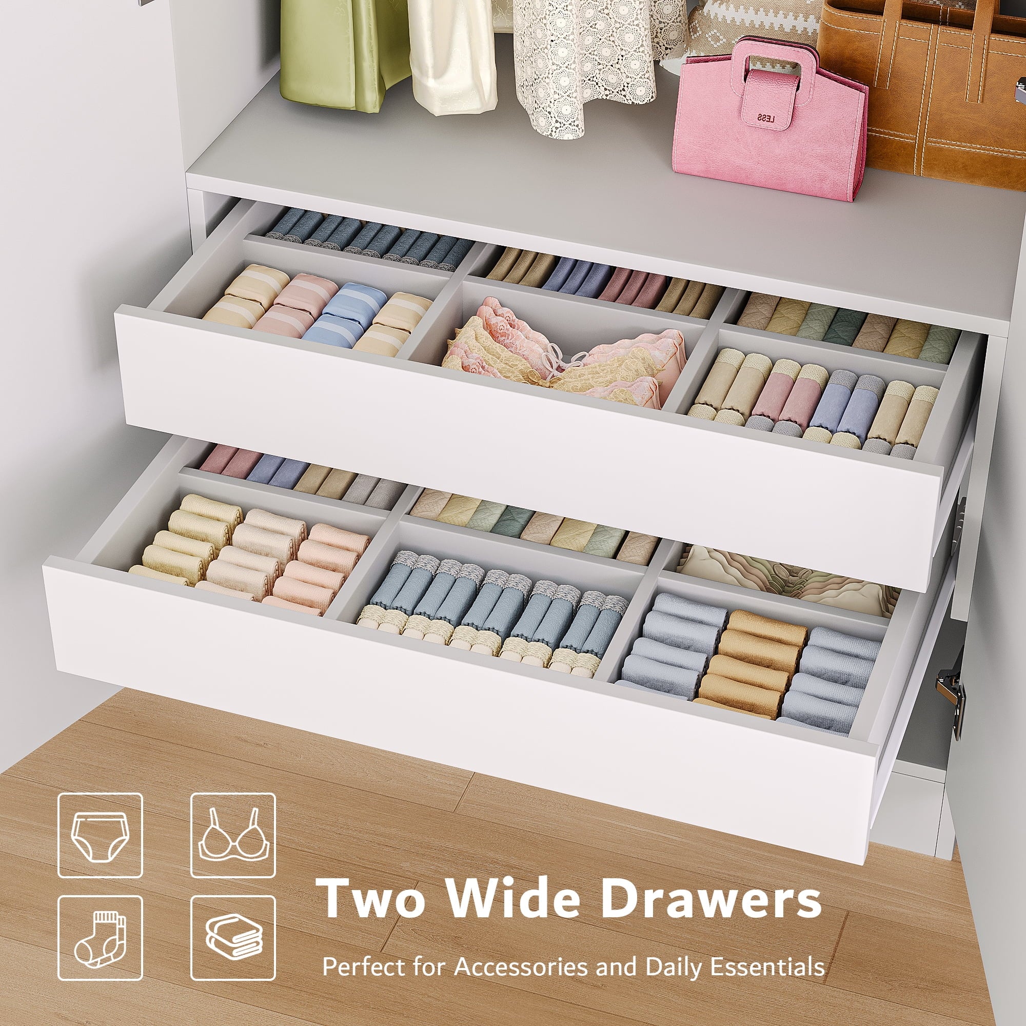 Virans  4 Door Armoire Wardrobe Closet with 2 Drawers,Adjustable Shelves & Hanging Rods,63 W Wood Clothes Cabinet Organizer for Bedroom,White