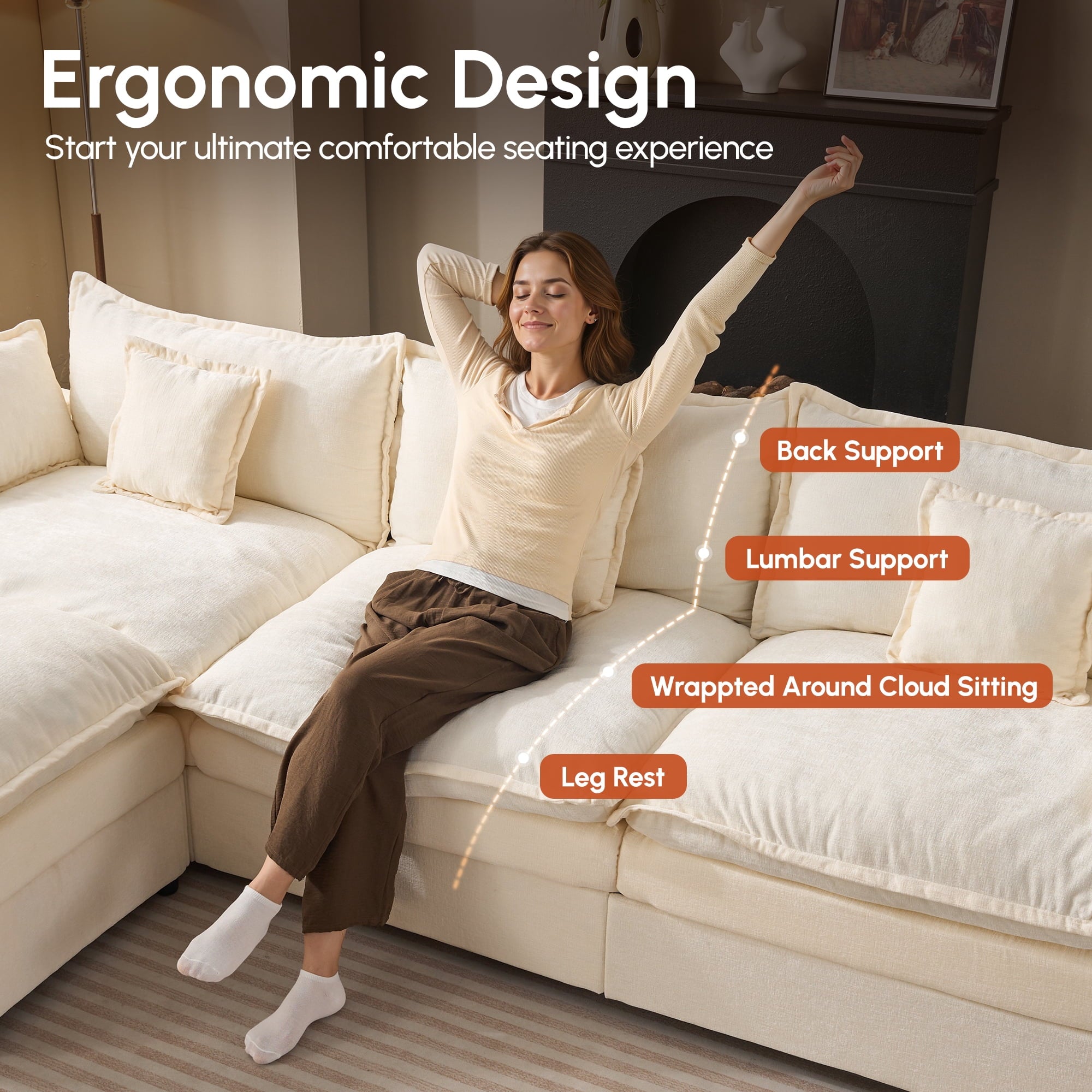 Ovios 108 Modular Sectional Sofa U-Shaped Cloud Couch with 2 Ottomans, Comfy Living Room Furniture, Chenille, Gray