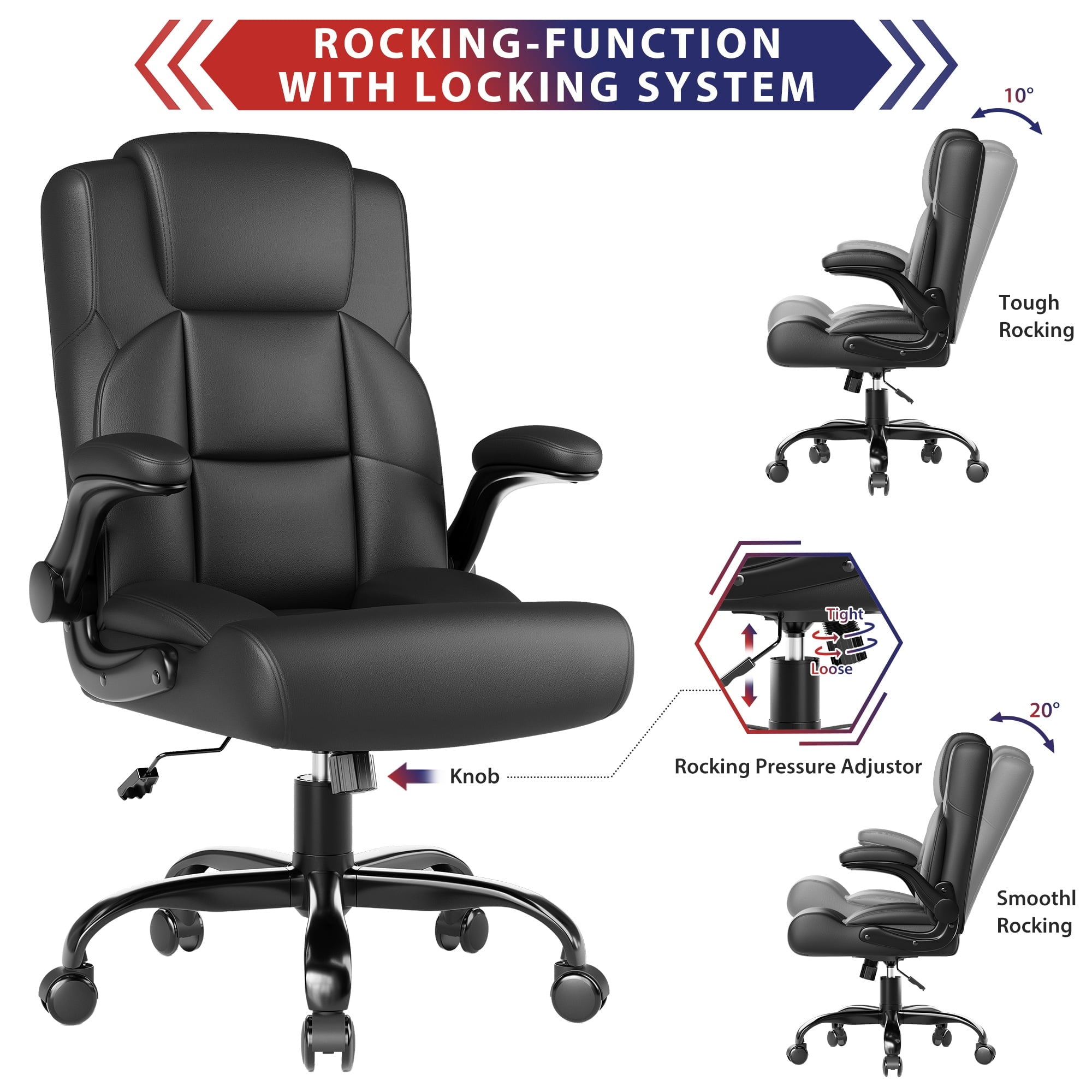 JONPONY Leather Office Chair, Big and Tall Office Chair 400LBS Wide Seat Ergonomic Computer Desk Chair High Back Executive Leather Chair Adjustable Task Chair Lumbar Back with 1-Year Warranty, Black