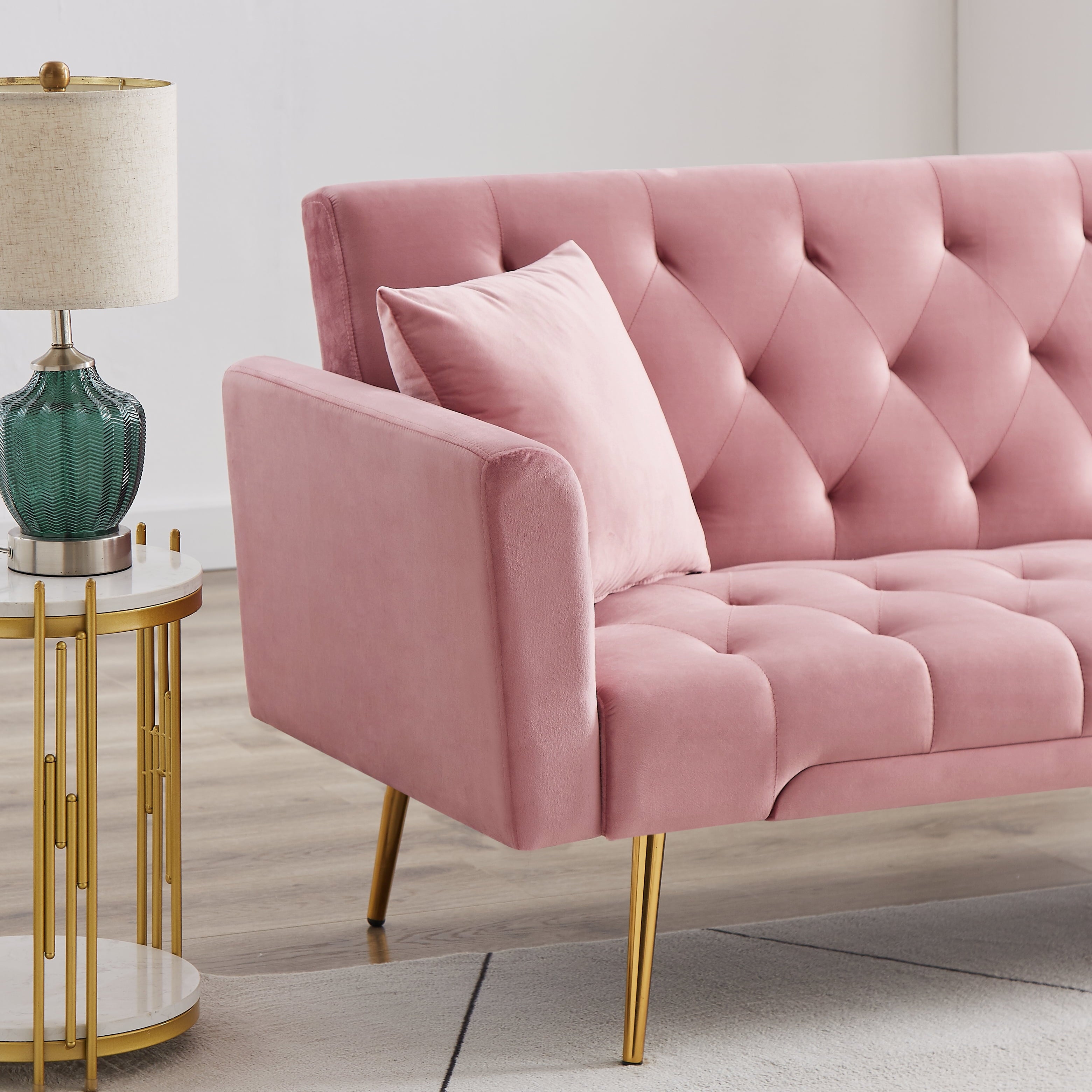 71 Inches Velvet Futon Sofa Bed with 2 Pillows,Modern Convertible Futon Couch with 3 Adjustable Backrest Angles and Gold Metal Feet,Suitable for Apartment,Living Room,Small Space,Pink