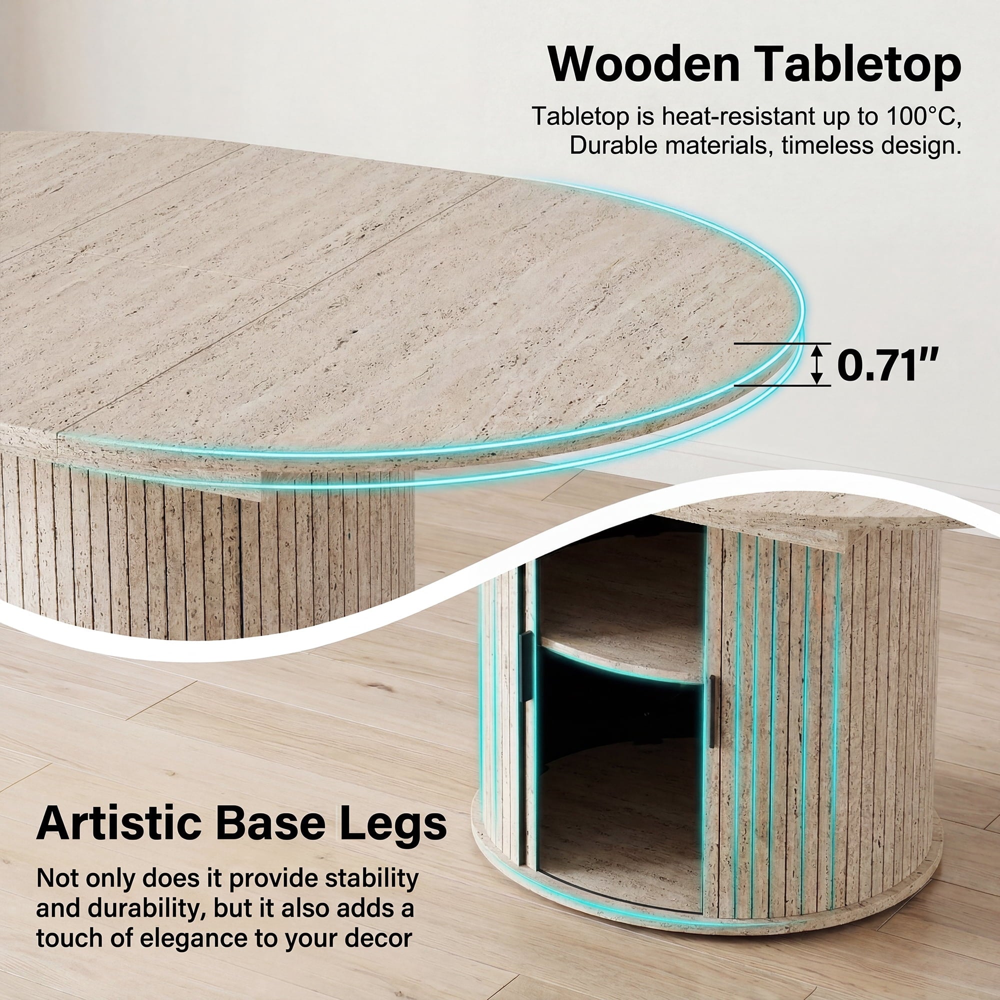 EOP 47″- 63″ Extendable Round Dining Table for 4-6, Wooden Kitchen Table with Hidden Storage and Fluted Sliding Door Cabinet, Modern Space-Saving Table for Dining Room Kitchen, Natural Wood