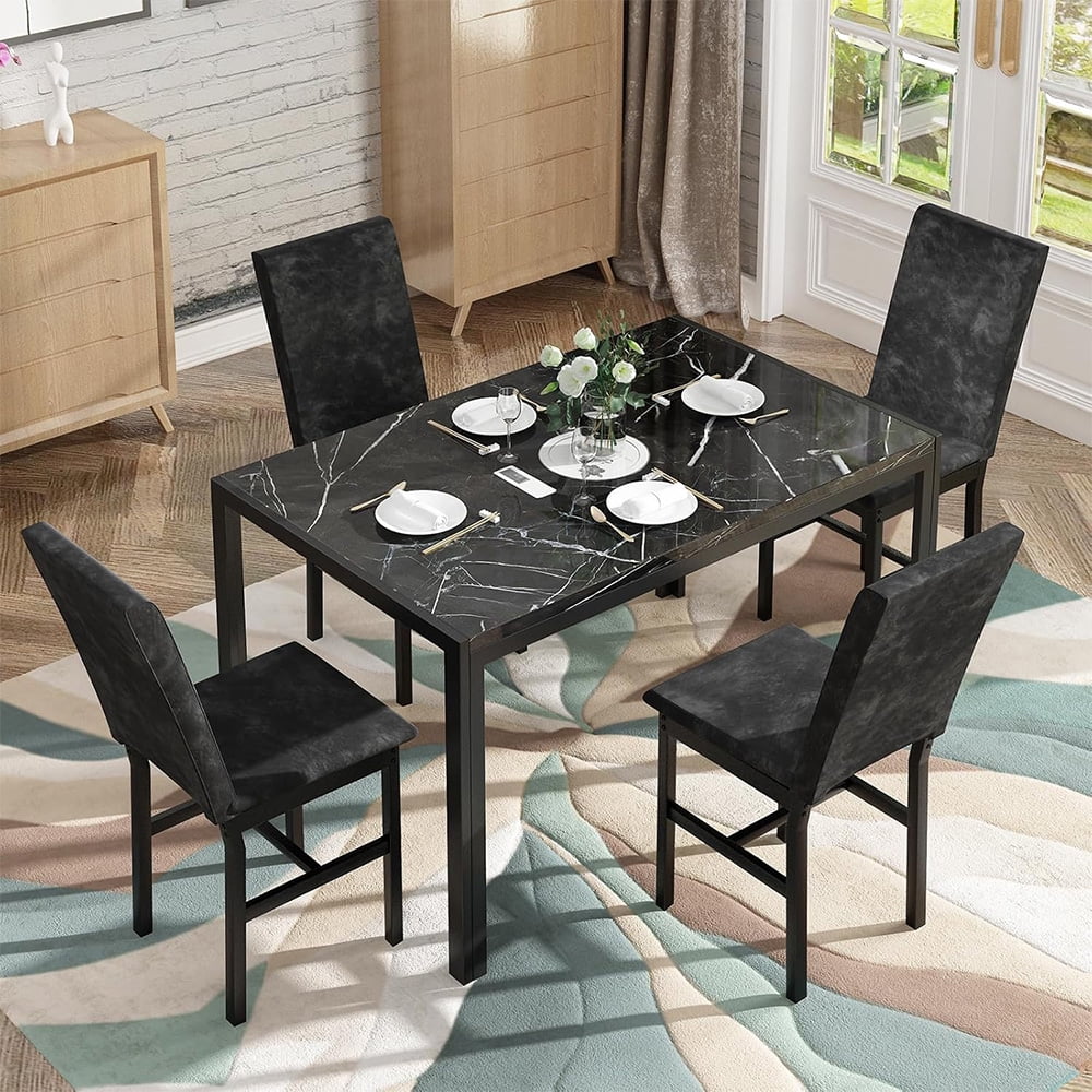 LinkRomat 5-Piece Faux Marble Dining Table Set for 4, Modern Kitchen Table with Chairs, Dinette Dining Room Furniture Set for Compact Space Saving
