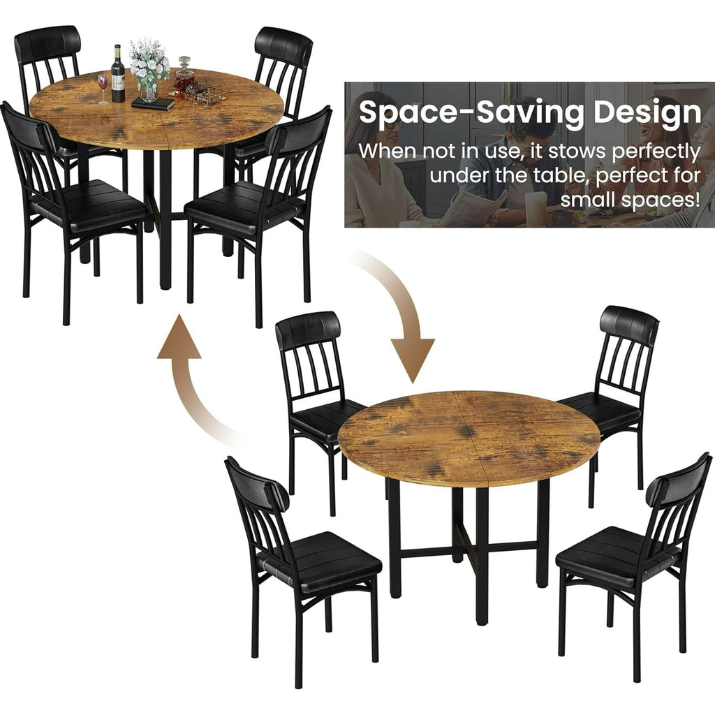 Lamerge Round Dining Table Set for 4,Wood Round Kitchen Table and Chairs Set for 4,Modern Dining Room Table Set with 4 Faux Leather Chairs,Round Dinner Table for Small Space,Brown