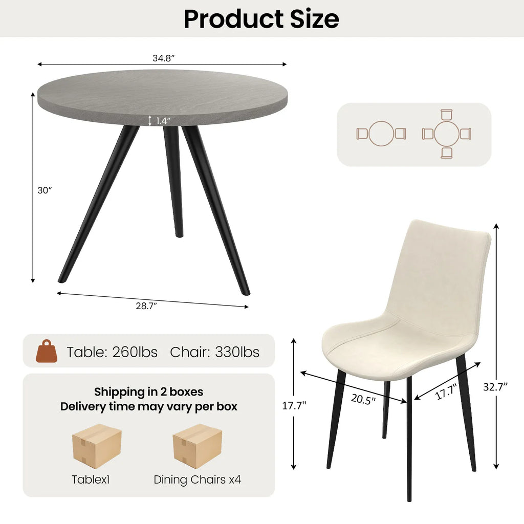 34.8 Round Dining Table Set for 4,5 Piece Mid-Century Modern Dining Set with 4 Upholstered Dining Chairs,Leisure Coffee Table for Kitchen Dining Room, Save Space