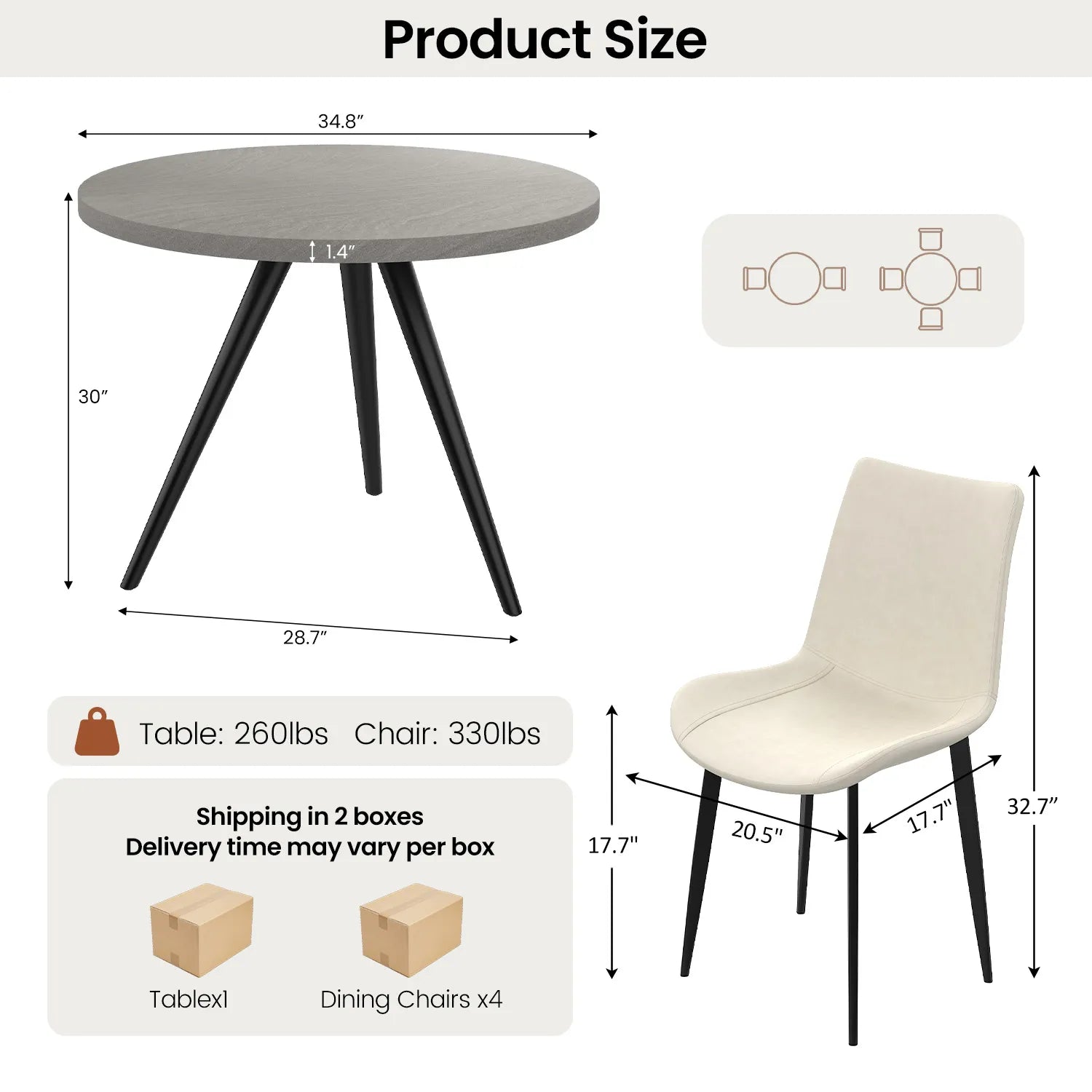 34.8 Round Dining Table Set for 4,5 Piece Mid-Century Modern Dining Set with 4 Upholstered Dining Chairs,Leisure Coffee Table for Kitchen Dining Room, Save Space