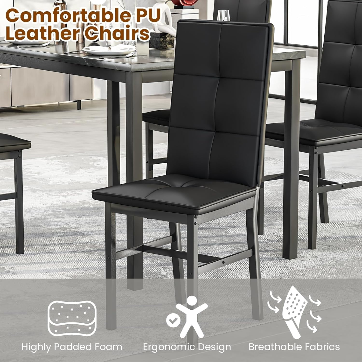 LinkRomat Dining Table Set for 4, Modern Faux Marble Tabletop and 4 PU Leather Upholstered Chairs, Kitchen Table and Chairs for Dining Room Breakfast Nook, Gray
