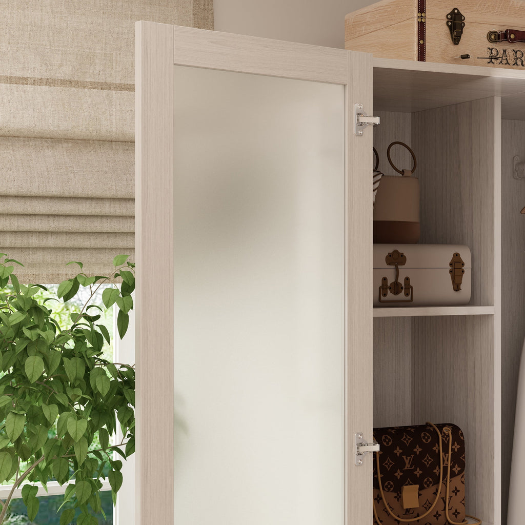 KULAGAGA Corner Armoire Wardrobe with Frosted Glass Doors, L-Shaped Closet Cabinet with Shelves and Hanging Rail for Bedroom