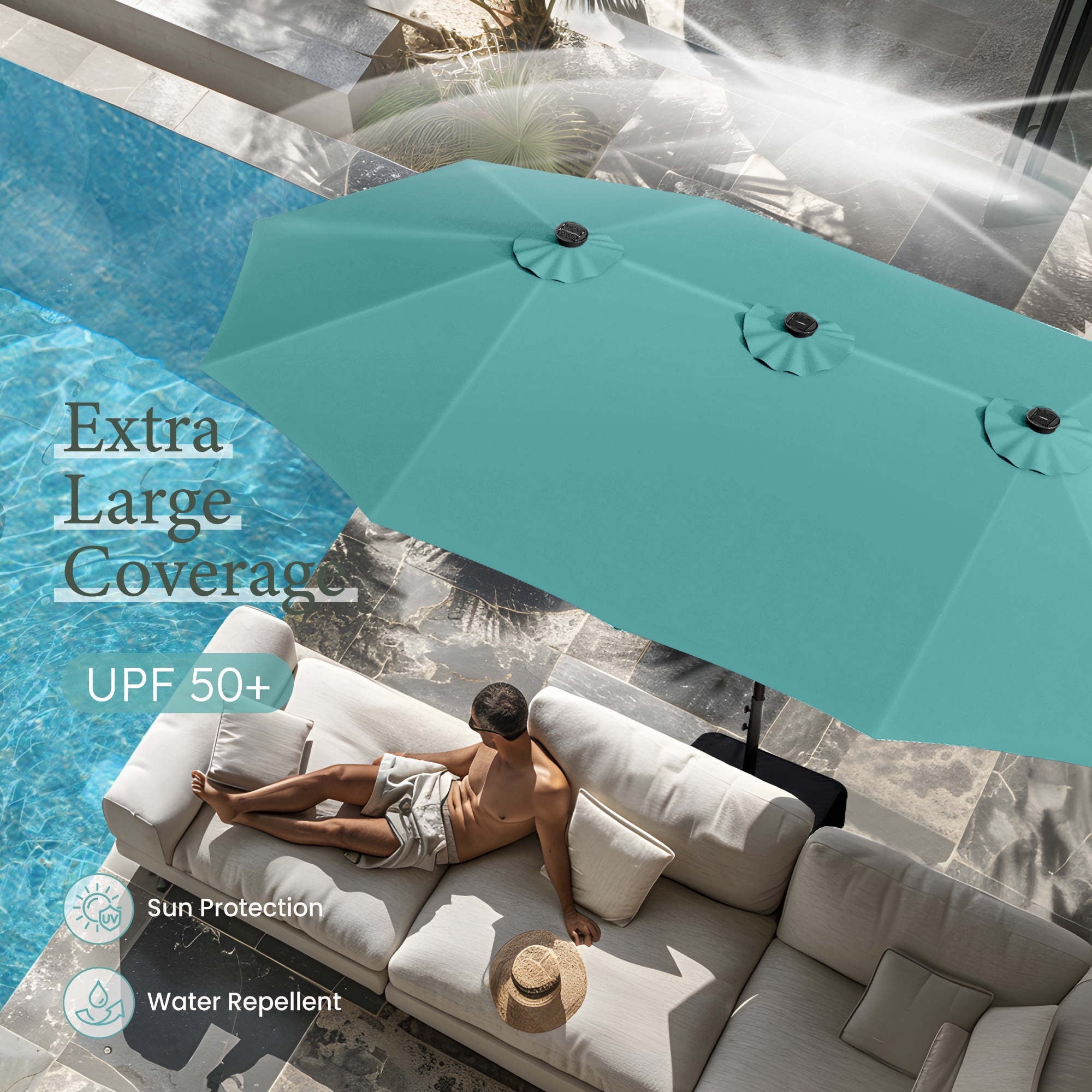 SUMMIT LIVING 15 FT Double-Sided Solar Patio Umbrella with Base Large Outdoor Umbrella with LED Solar Lights - Haze Blue