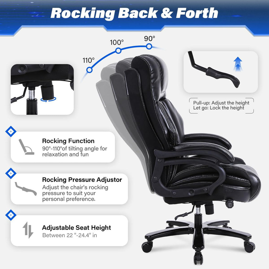 JONPONY Leather Office Chair, Big and Tall 500lbs Ergonomic Desk Chairs with Back Support, Executive Leather Chair with Wheels for Home Office, with Adjustable Padded Armrest & Lumbar Support , Black