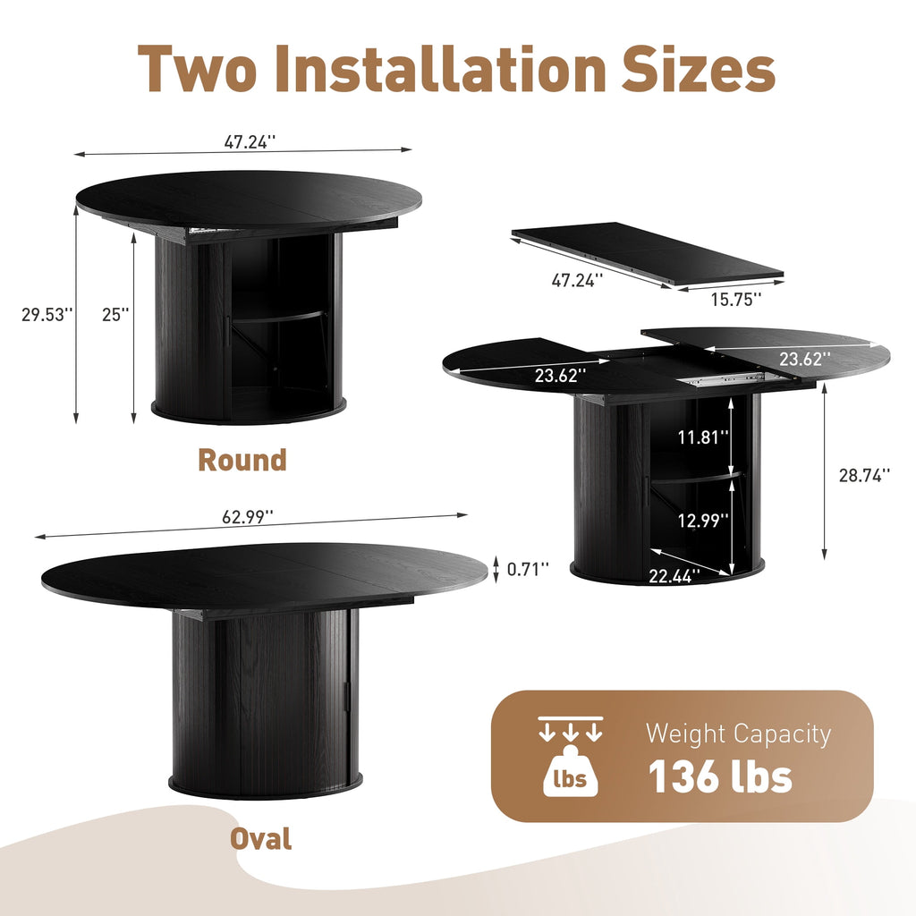 EOP 47″- 63″ Extendable Round Dining Table for 4-6, Wooden Kitchen Table with Hidden Storage and Fluted Sliding Door Cabinet, Modern Space-Saving Table for Dining Room Kitchen, Natural Wood