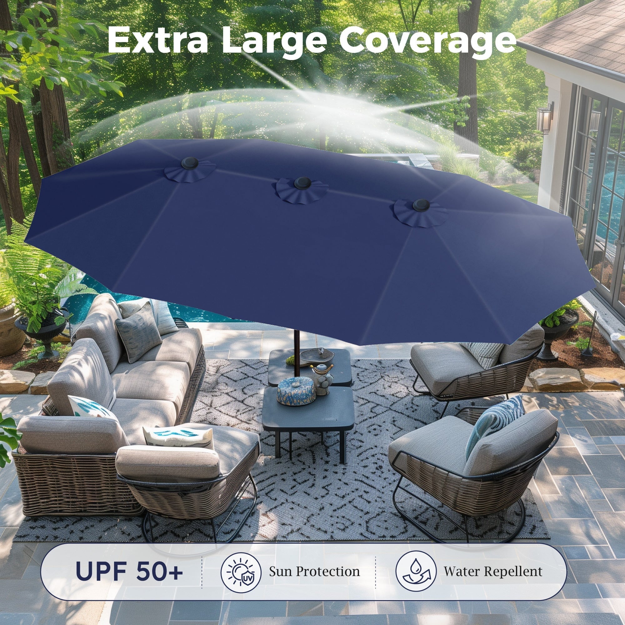 Alpha Joy 15ft Outdoor Patio Umbrella Extra-Large Double-Sided Garden Umbrella with Crank Handle and Base - Smoky Gray