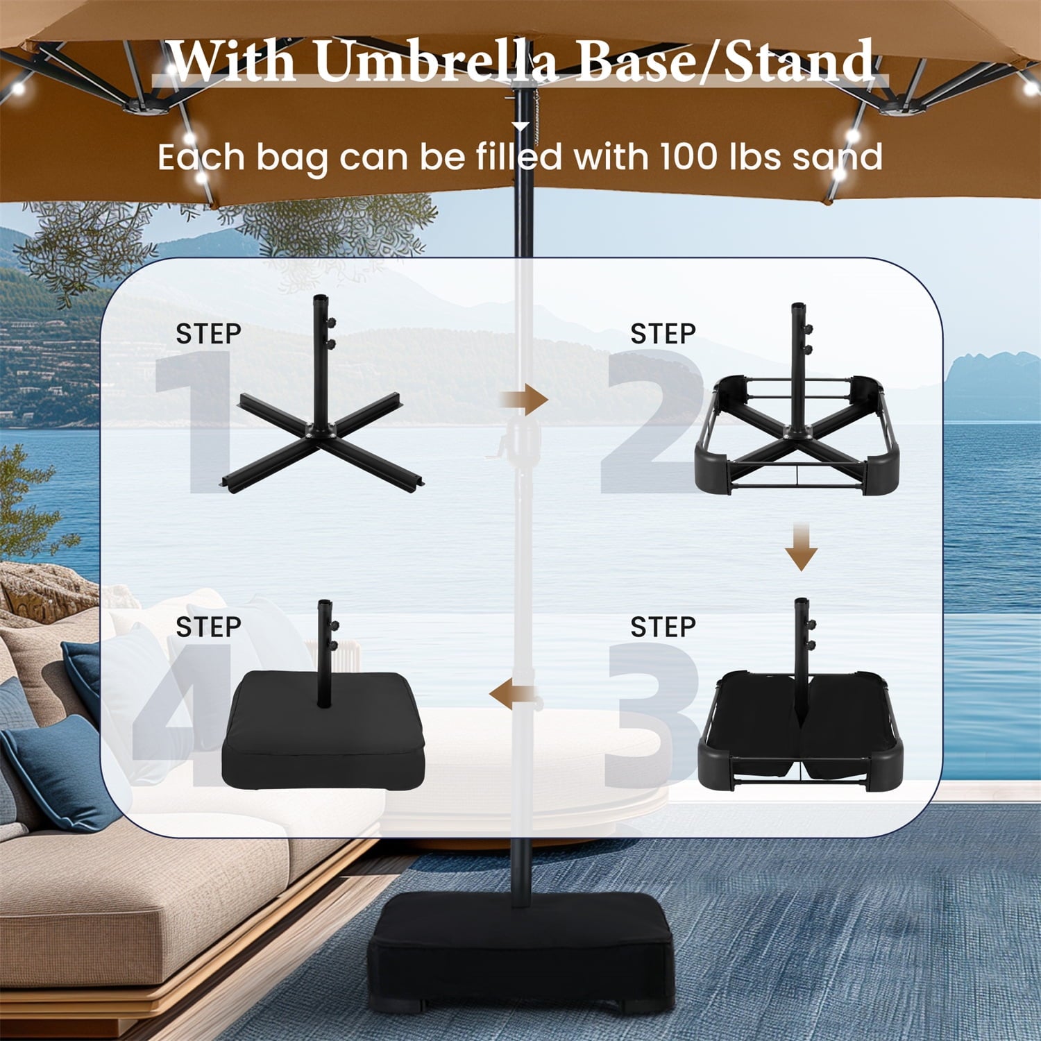 SUMMIT LIVING 15 FT Double-Sided Solar Patio Umbrella with Base Large Outdoor Umbrella with LED Solar Lights - Haze Blue