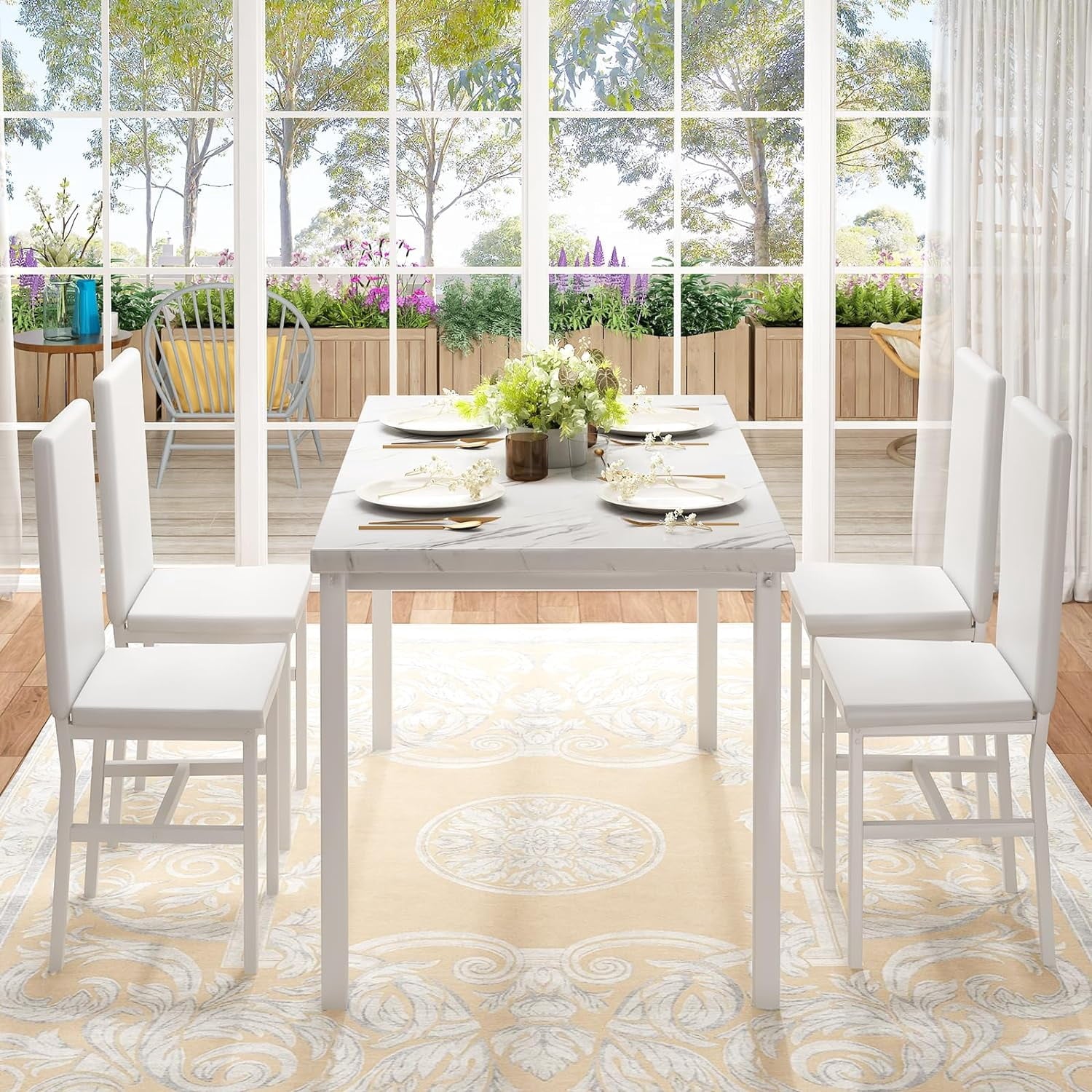 MIERES 5-Piece Dining Table Set for 4, Faux Marble Kitchen Table and 4 Chairs, Modern Dining Room Table with 4 Chairs, Dinner Table Set for Small Spaces, Brown
