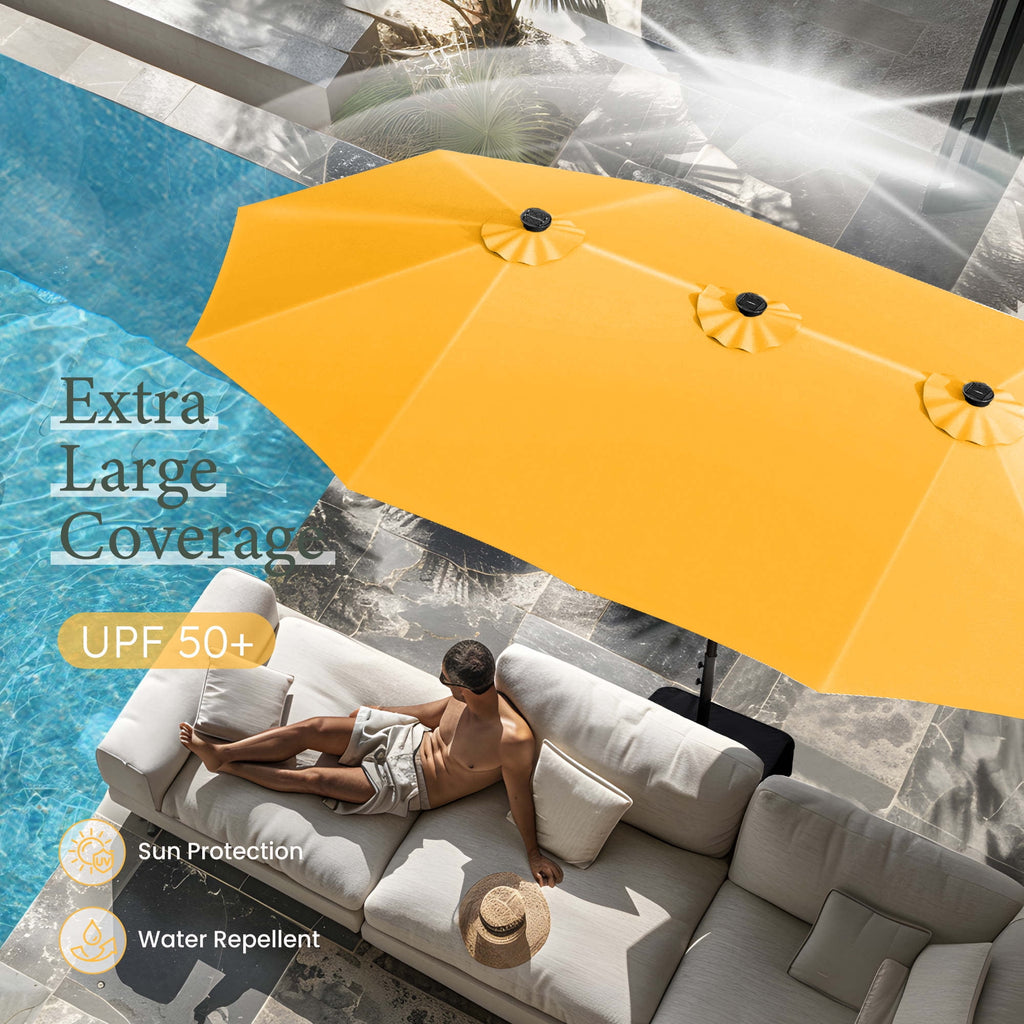 SUMMIT LIVING 15ft Double-Sided Solar Patio Umbrella with Base (Included) Large Outdoor Umbrella with Solar Lights - Beige