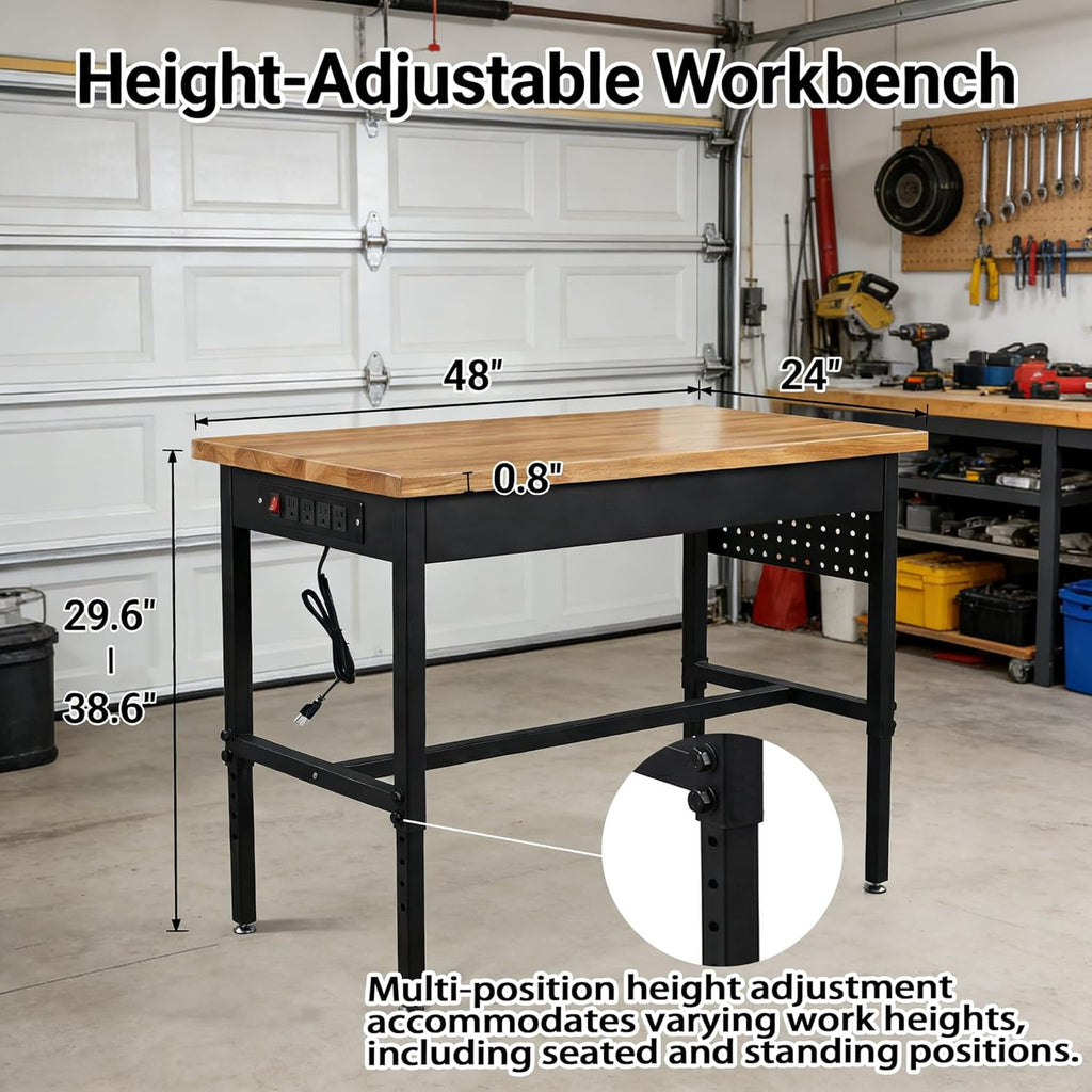 60 Inch Adjustable Workbench with Power Outlet, 2500 LBS Heavy Duty Double-Layer Workbench with Hardwood Top, 6-Level Height Adjustable Garage Work Table with Wheels, Rolling Workstation for Workshop