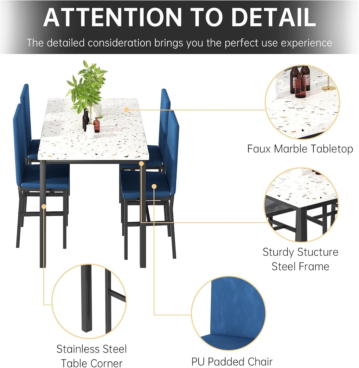 MIERES 5-Piece Dining Table Set for 4, Faux Marble Kitchen Table and 4 Chairs, Modern Dining Room Table with 4 Chairs, Dinner Table Set for Small Spaces, Brown