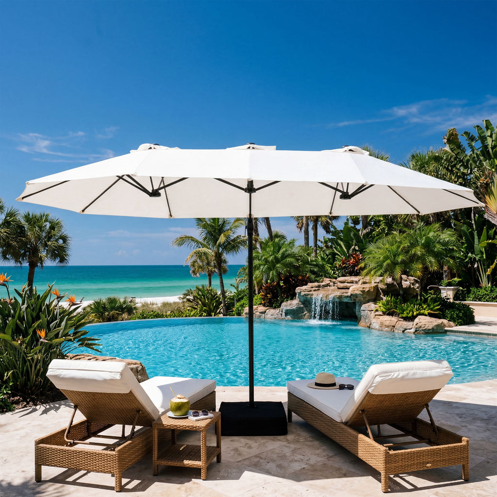 FOROUTIA 15ft Double-Sided Patio Umbrella, Large Rectangular Outdoor Market Umbrella with Crank, UV50+ Waterproof Twin Umbrella for Backyard, Poolside, Deck,Off-White