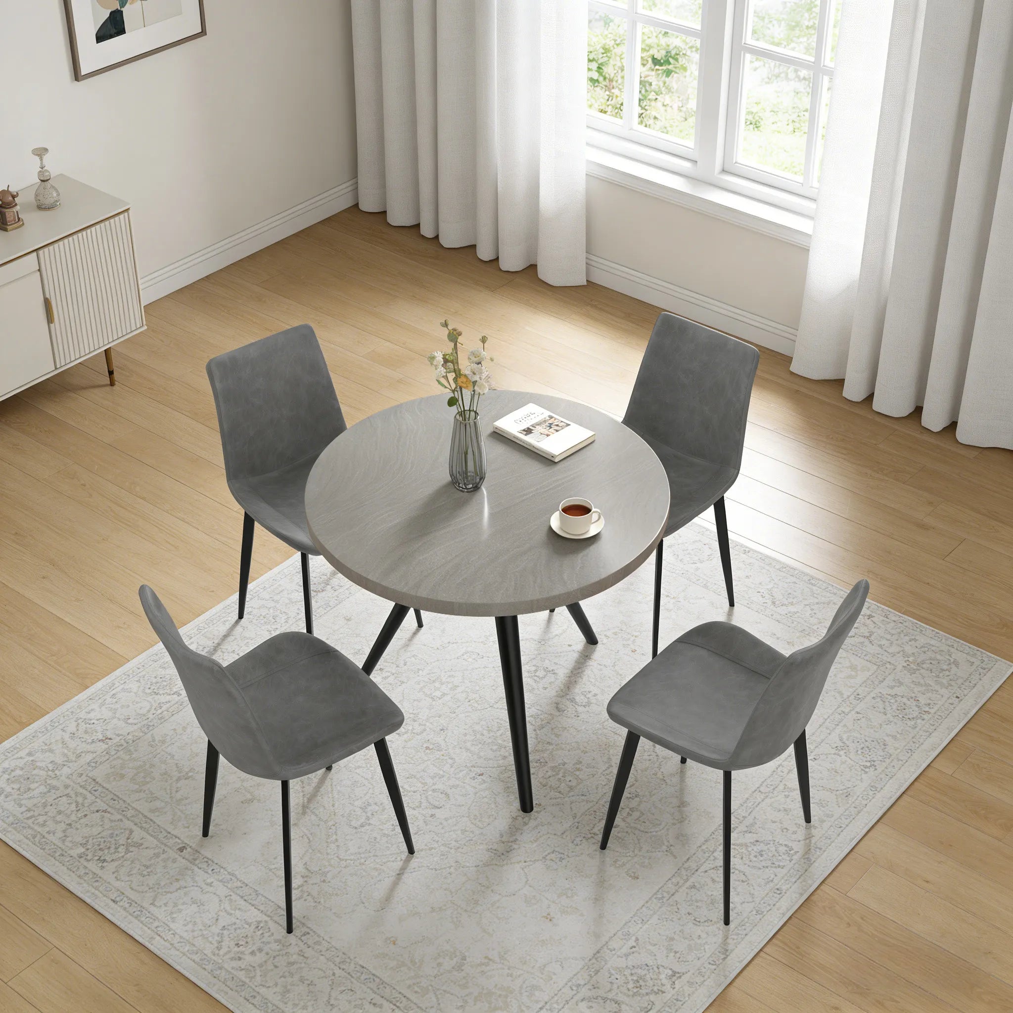 34.8 Round Dining Table Set for 4,5 Piece Mid-Century Modern Dining Set with 4 Upholstered Dining Chairs,Leisure Coffee Table for Kitchen Dining Room, Save Space