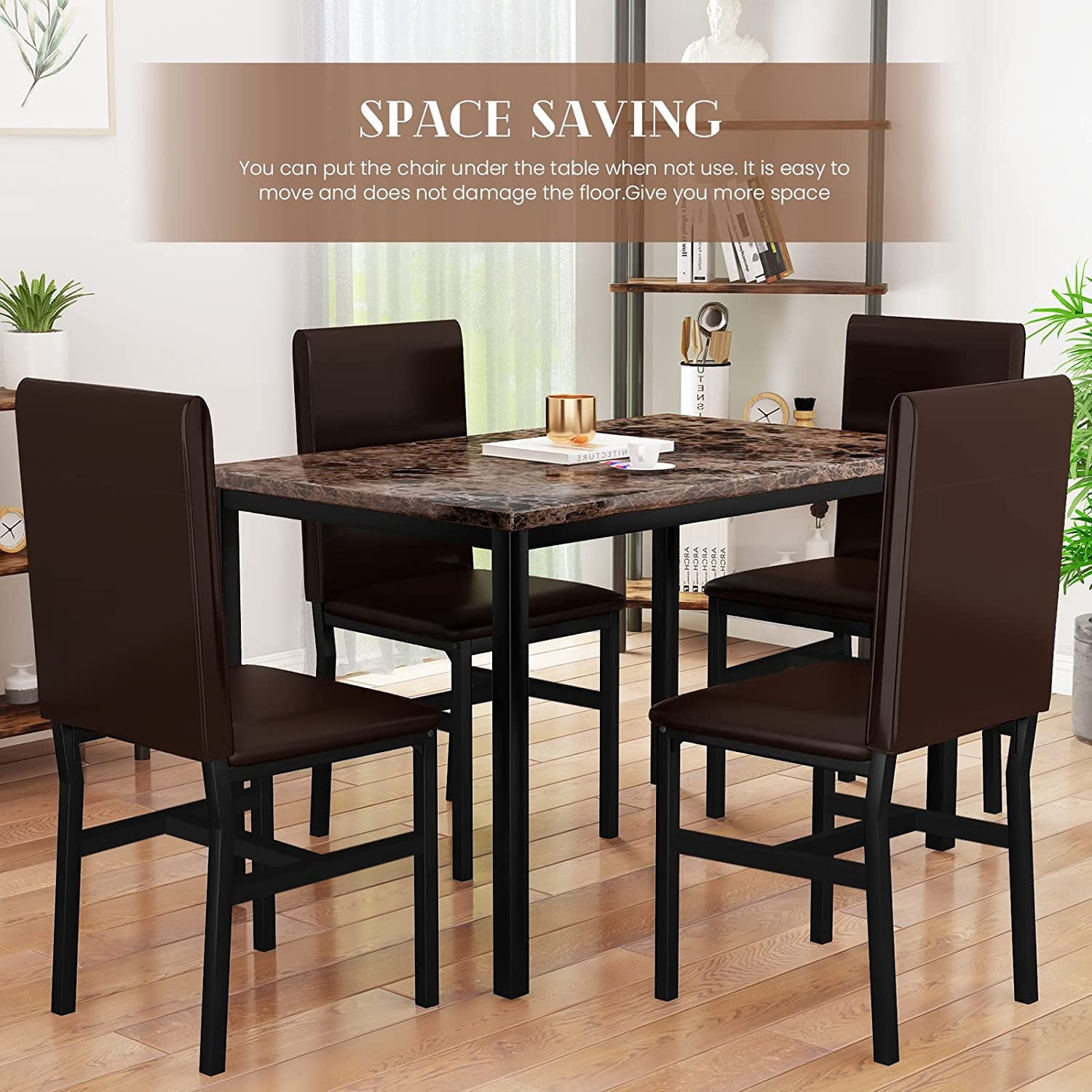MIERES 5 Piece Dinning Table Sets for 4, Marble Kitchen Table and Chairs for 4,Dining Room Table Set with PU Leather Chairs,Faux Marble Dining Set for Small Spaces,Living Room,White+Brown
