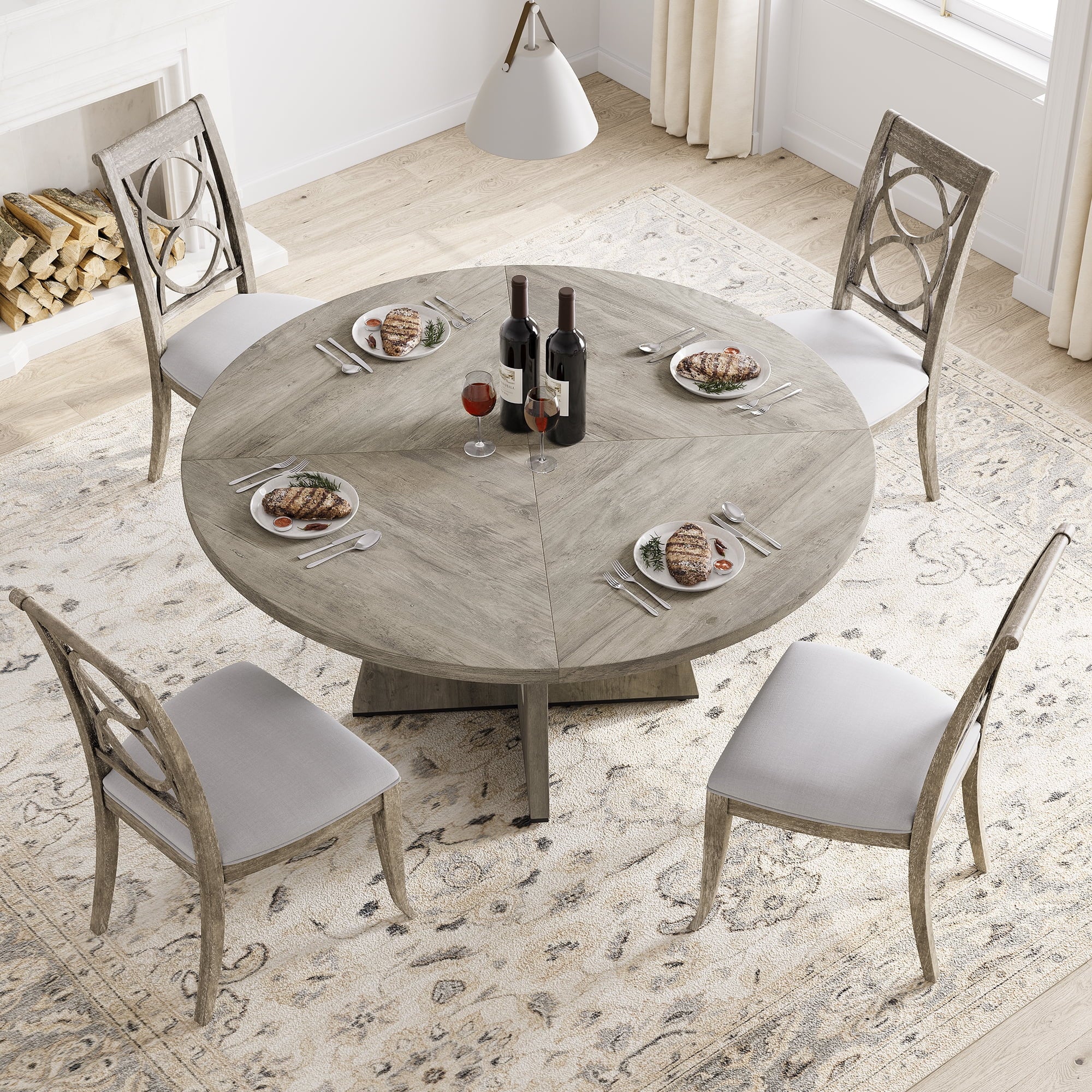Ataucjin 47-Inch Round Large Dining Table, Wooden Kitchen Table Set for 4, Farmhouse Dinner Table with Wooden Top and Legs for Home Dining Room or Living Room - Rustic Brown(Only Table)