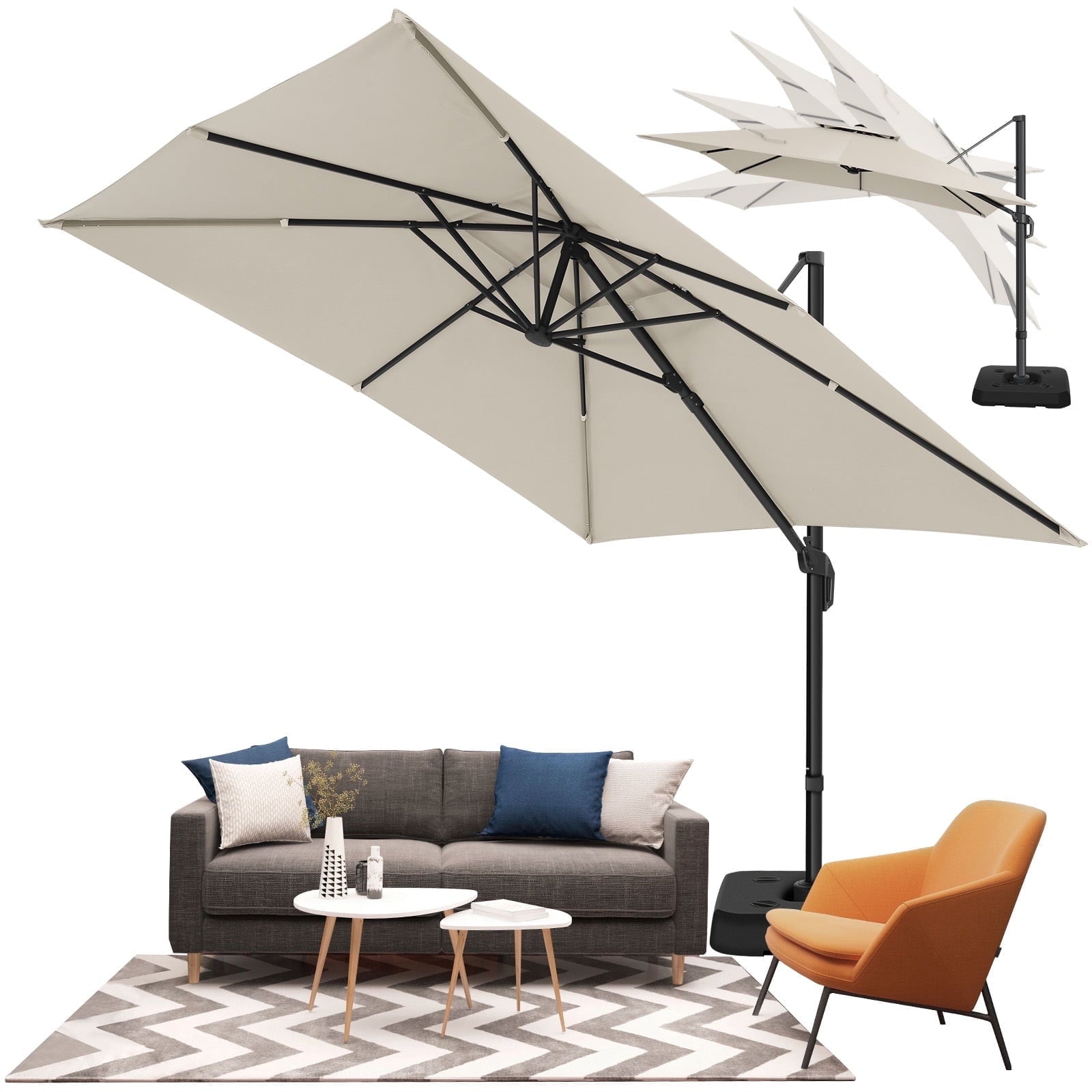 COBIZI 10x10ft Patio Cantilever Umbrella Double Roof Large Rectangular Deck Offset Umbrellas, Square Outdoor Patio Umbrella with 360°Rotation & Heavy-Duty Aluminum Frame,for Poolside Garden,Beige