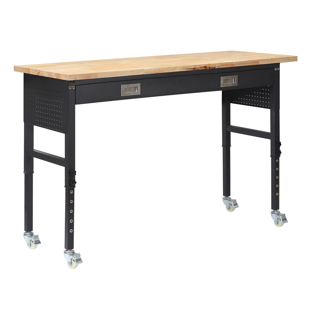 KFFKFF 60-inch Adjustable Workbench with Drawer, Power Outlet, Wheels, and Pegboard, Durable Oak Wood Top Work Table for Garage, Workshop, Office, and Home, Supports Up to 1500 lbs