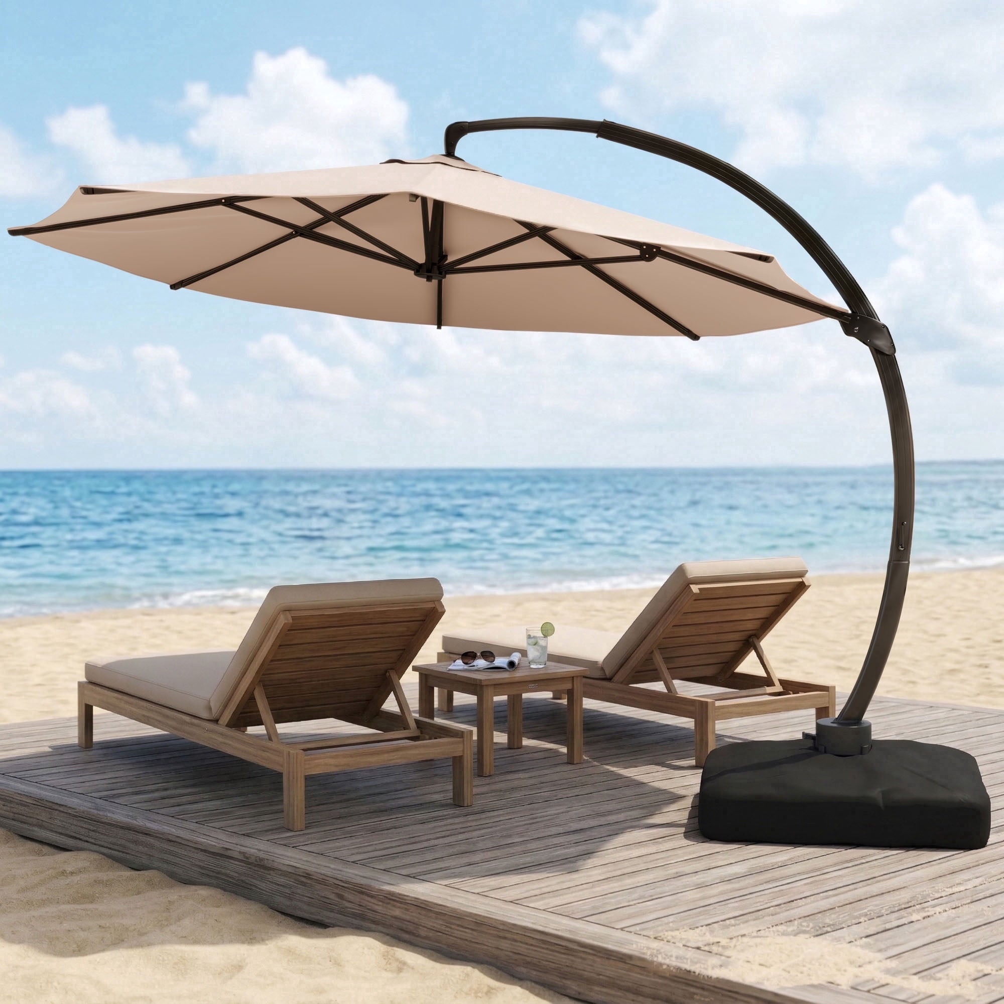 LAZZO 12ft Outdoor Patio Umbrella with Base and Lights, Aluminum Offset Cantilever Umbrella for Pool Deck, Champagne