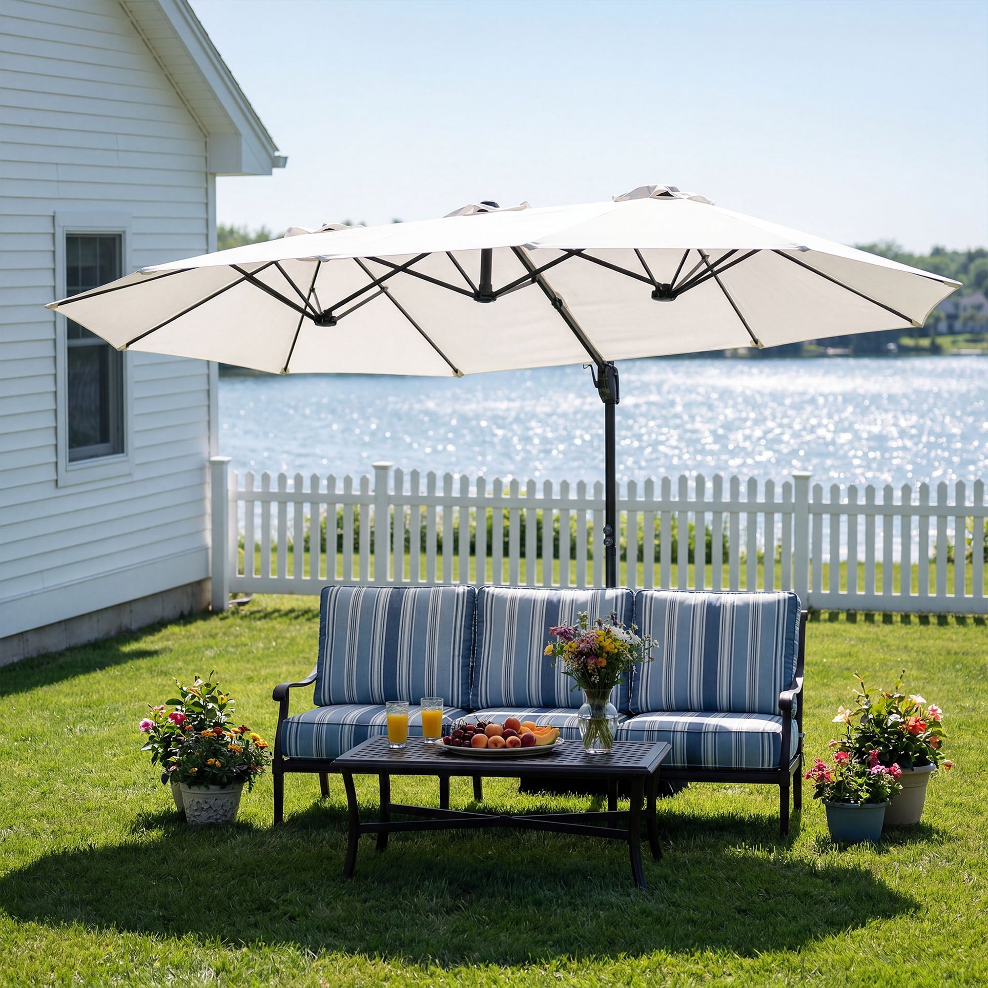 MOALCOFER 15 x 9 FT Double Sided Patio Umbrella with Base Included, Outdoor Rectangular Market Umbrella with Crank Lift, 12 Reinforced Ribs， Khaki