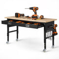 VEVOR 60-inch Adjustable Workbench, 1500 lbs Load Capacity, Garage Workbench with Drawer, Power Outlet, Wheels, and Pegboard, Heavy Duty Oak Wood Top Work Table for Garage, Workshop, Office, and Home