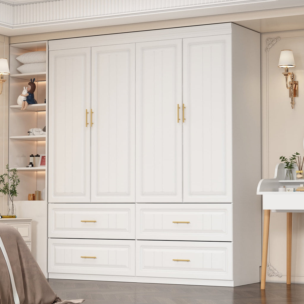 WIAWG 4 Door Wardrobe Closet with 4 Drawers & Shelves, Armoire Wardrobe Closet with Hanging Rod, for Bedroom White and Gold