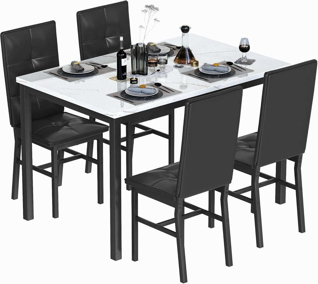 MOOSENG Dining Table Set for 4, Faux Marble Kitchen Table and Chairs Set of 4, 5-Piece Dining Room Set with PU Leather Upholstered Chairs for Small Space, Gray