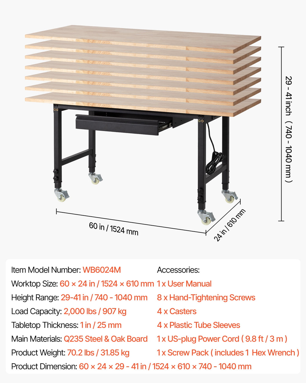 VEVOR Adjustable Workbench on Wheels, 2000 lbs Capacity, 60 x 24 Inch Oak Wood Top Workbench with Drawer & Power Outlets, Heavy-Duty Hardwood Worktable for Garage, Workshop, Home, Office, Commercial