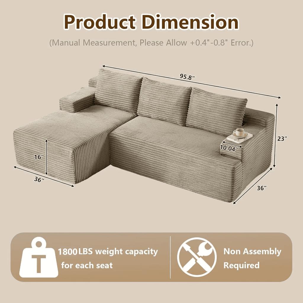 96 L-Shaped Sectional Couches for Living Room, Modular Cloud Couch with Chaise, Corduroy Deep Seat Boneless Sofa, No Assembly, Black