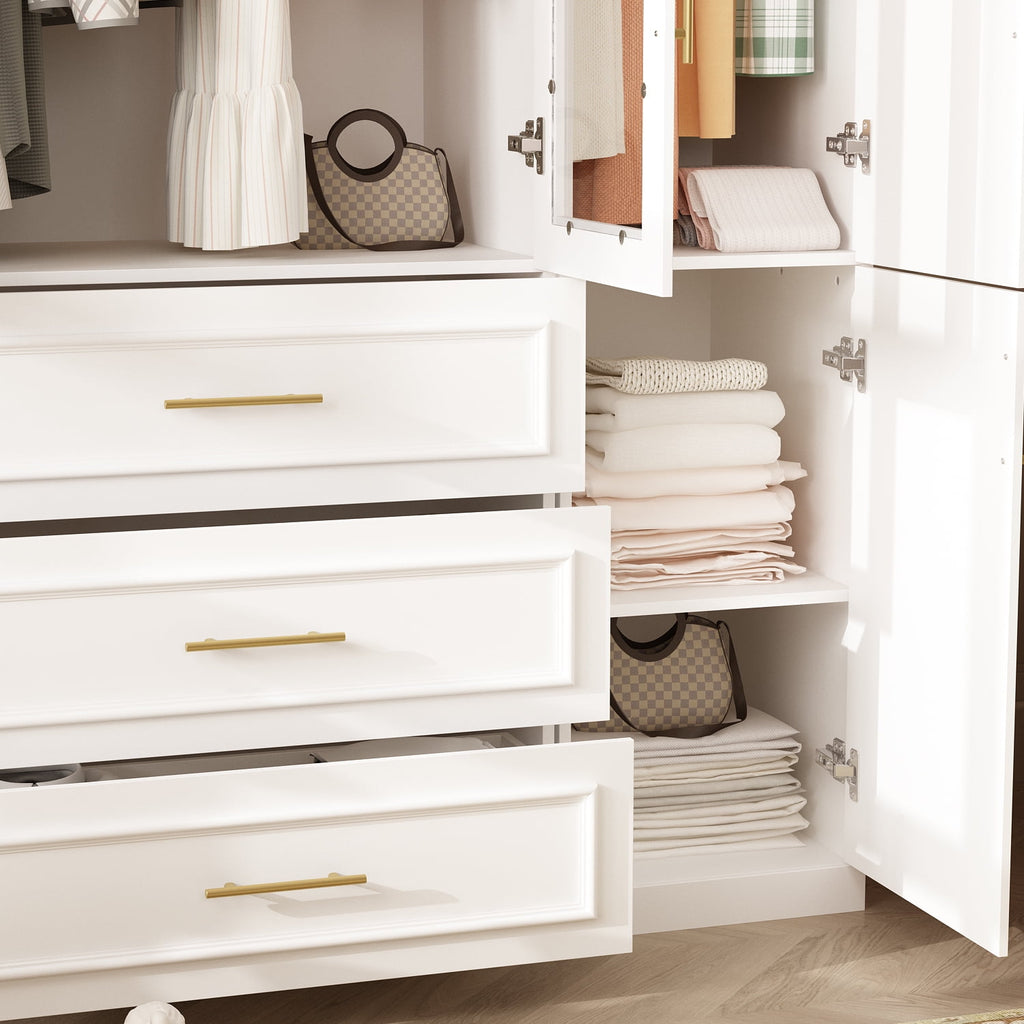 KULAGAGA Wardrobe Closet with Hanging Rod, Modern Wooden Armoire with 4 Framed Doors & 3 Large Shelves, Clothes Storage Cabinet Organizer for Bedroom Apartment, White