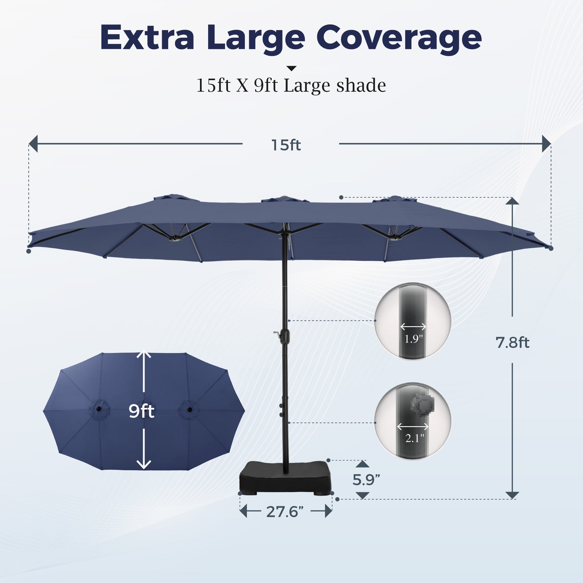 Alpha Joy 15ft Outdoor Patio Umbrella Extra-Large Double-Sided Garden Umbrella with Crank Handle and Base - Smoky Gray