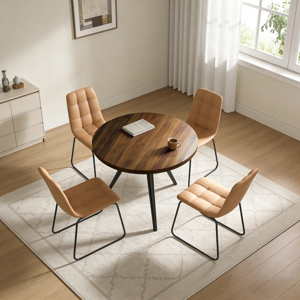 34.8 Round Dining Table Set for 4,5 Piece Mid-Century Modern Dining Set with 4 Upholstered Dining Chairs,Leisure Coffee Table for Kitchen Dining Room, Save Space