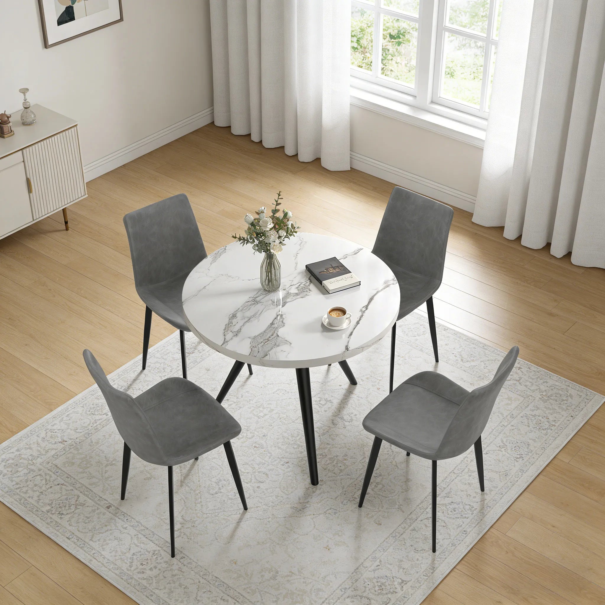 34.8 Round Dining Table for 4 People, Modern Circle Kitchen Table with Metal Legs for Kitchen, Dining Room, Apartment,Gray