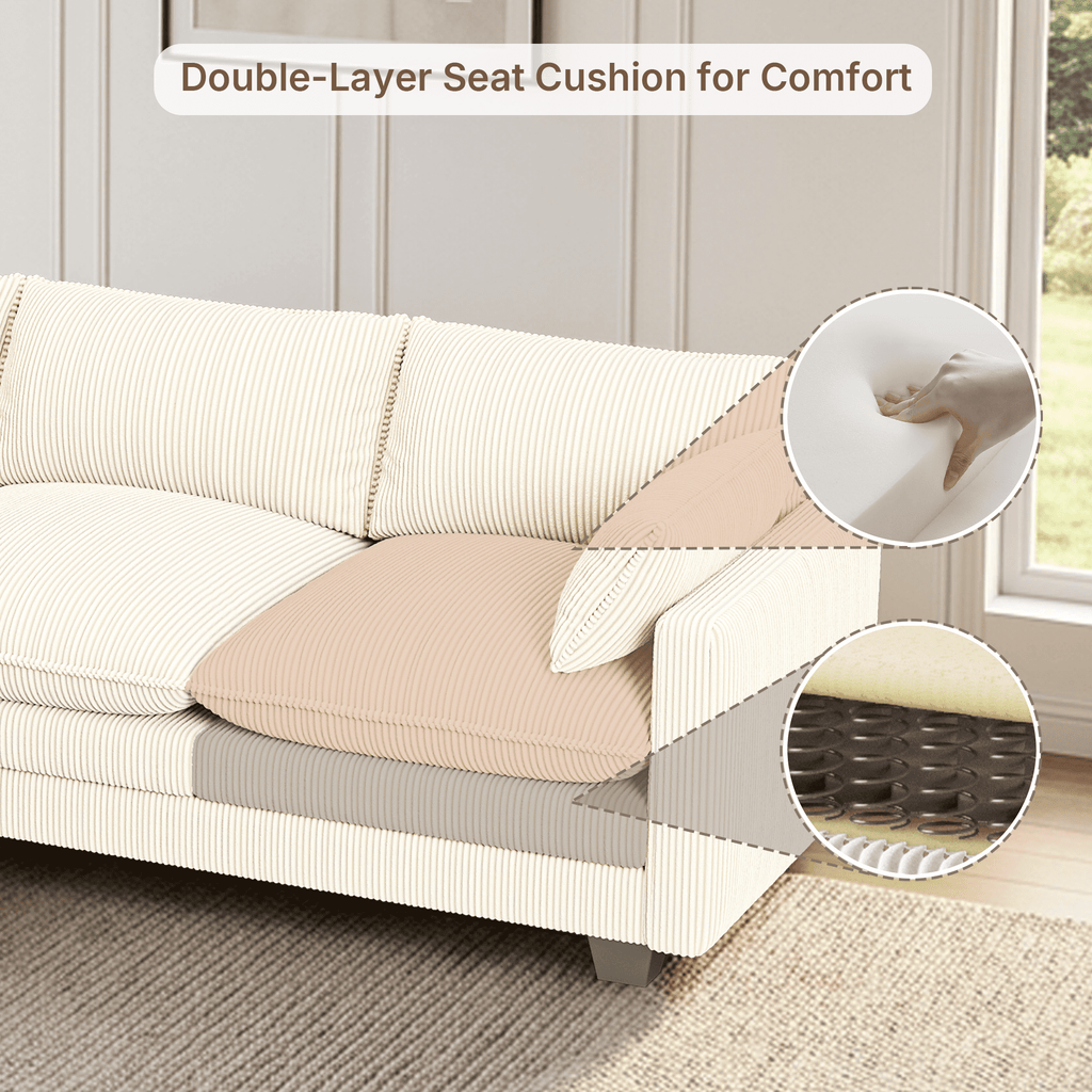 110'' Oversized L Shaped Couch for Living Room, Cloud Couches with Washable Corduroy Cover, Modern 4-Seater Comfy Deep-Seat Sofa with Movable Ottoman and 2 Throw Pillows for Apartment, Gray