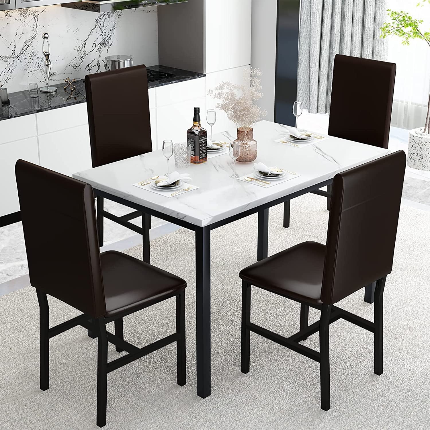 MIERES 5 Piece Dinning Table Sets for 4, Marble Kitchen Table and Chairs for 4,Dining Room Table Set with PU Leather Chairs,Faux Marble Dining Set for Small Spaces,Living Room,White+Brown