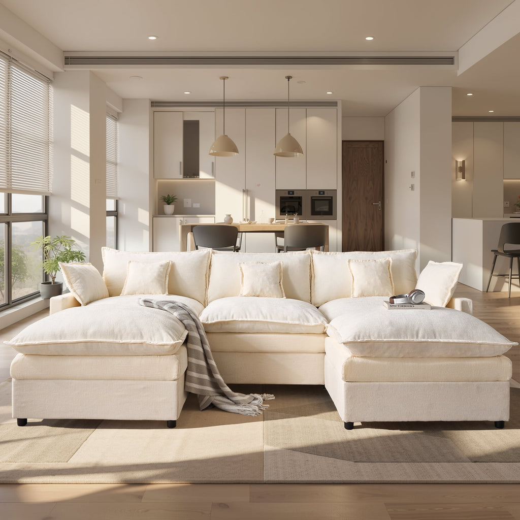 Ovios 108 Modular Sectional Sofa U-Shaped Cloud Couch with 2 Ottomans, Comfy Living Room Furniture, Chenille, Camel