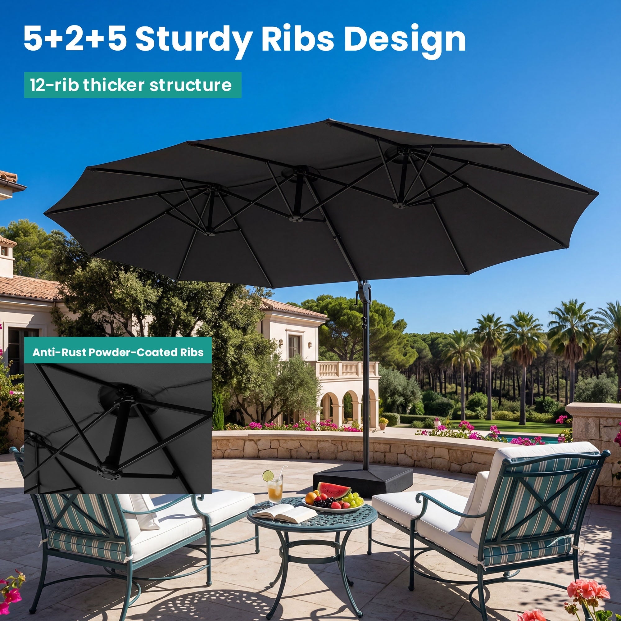 FOROUTIA 15ft Double-Sided Patio Umbrella, Large Rectangular Outdoor Market Umbrella with Crank, UV50+ Waterproof Twin Umbrella for Backyard, Poolside, Deck,Off-White