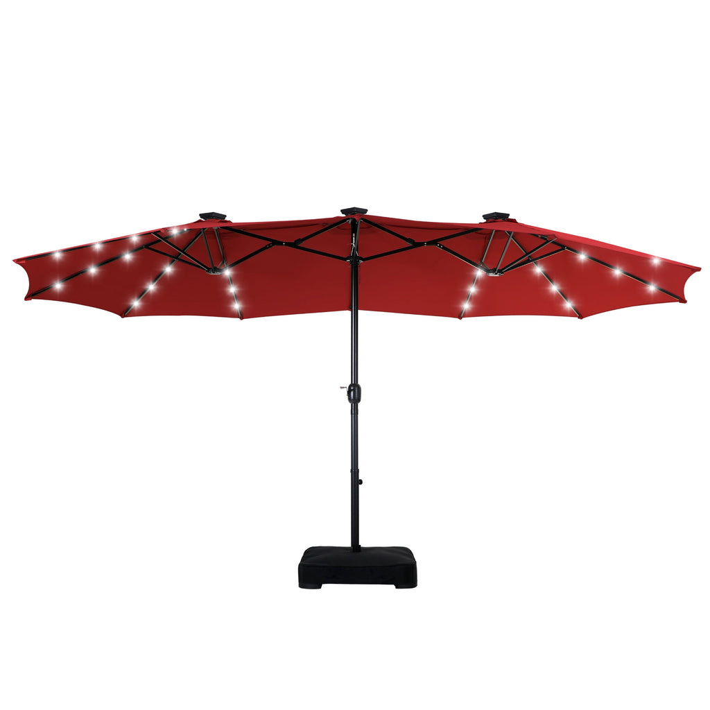 SUMMIT LIVING 15ft Double-Sided Solar Patio Umbrella with Base (Included) Large Outdoor Umbrella with Solar Lights - Beige