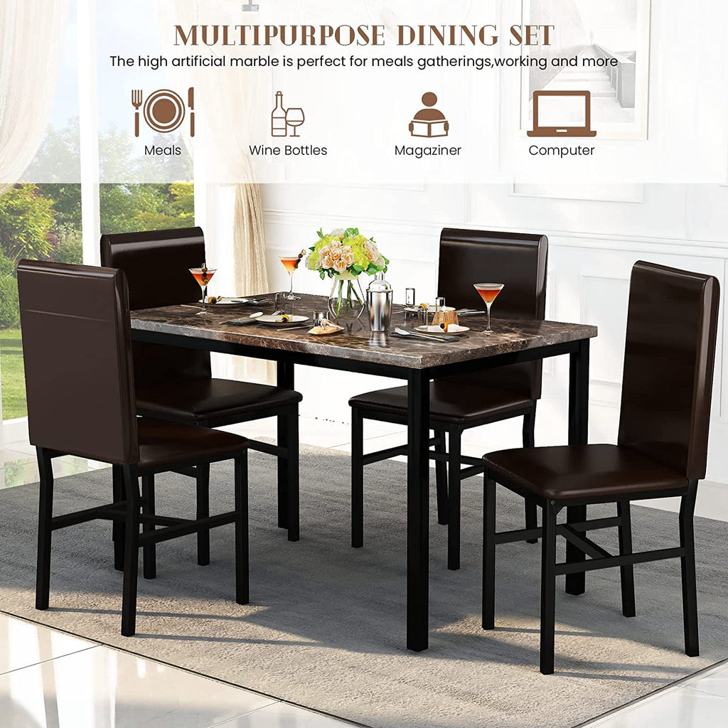 MIERES 5 Piece Dinning Table Sets for 4, Marble Kitchen Table and Chairs for 4,Dining Room Table Set with PU Leather Chairs,Faux Marble Dining Set for Small Spaces,Living Room,White+Brown