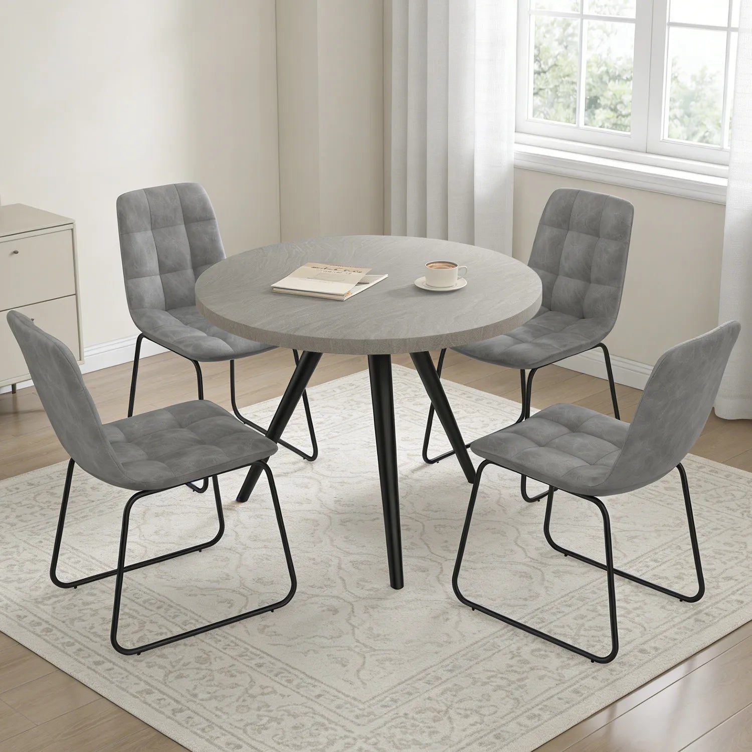 34.8 Round Dining Table Set for 4,5 Piece Mid-Century Modern Dining Set with 4 Upholstered Dining Chairs,Leisure Coffee Table for Kitchen Dining Room, Save Space